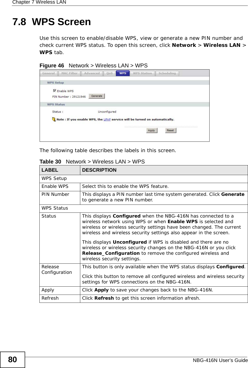 Chapter 7 Wireless LANNBG-416N User’s Guide807.8  WPS ScreenUse this screen to enable/disable WPS, view or generate a new PIN number and check current WPS status. To open this screen, click Network &gt; Wireless LAN &gt; WPS tab.Figure 46   Network &gt; Wireless LAN &gt; WPSThe following table describes the labels in this screen.Table 30   Network &gt; Wireless LAN &gt; WPSLABEL DESCRIPTIONWPS SetupEnable WPS Select this to enable the WPS feature.PIN Number This displays a PIN number last time system generated. Click Generate to generate a new PIN number.WPS StatusStatus This displays Configured when the NBG-416N has connected to a wireless network using WPS or when Enable WPS is selected and wireless or wireless security settings have been changed. The current wireless and wireless security settings also appear in the screen.This displays Unconfigured if WPS is disabled and there are no wireless or wireless security changes on the NBG-416N or you click Release_Configuration to remove the configured wireless and wireless security settings.Release Configuration This button is only available when the WPS status displays Configured.Click this button to remove all configured wireless and wireless security settings for WPS connections on the NBG-416N.Apply Click Apply to save your changes back to the NBG-416N.Refresh Click Refresh to get this screen information afresh.