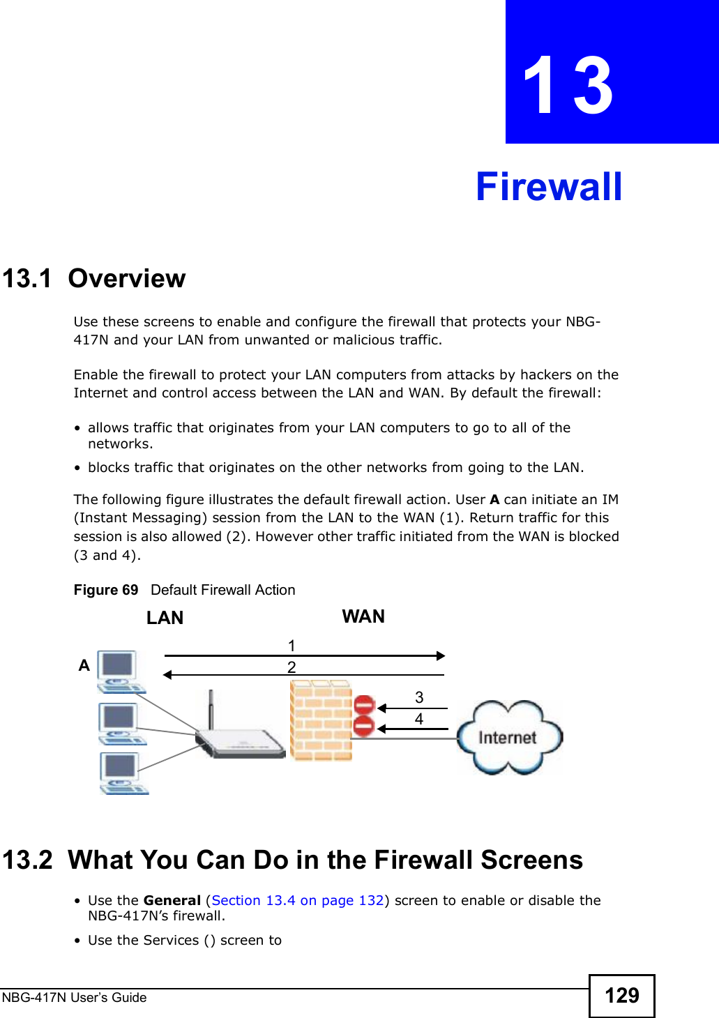 NBG-417N User s Guide 129CHAPTER  13  Firewall13.1  Overview   Use these screens to enable and configure the firewall that protects your NBG-417N and your LAN from unwanted or malicious traffic.Enable the firewall to protect your LAN computers from attacks by hackers on the Internet and control access between the LAN and WAN. By default the firewall: allows traffic that originates from your LAN computers to go to all of the networks.  blocks traffic that originates on the other networks from going to the LAN. The following figure illustrates the default firewall action. User A can initiate an IM (Instant Messaging) session from the LAN to the WAN (1). Return traffic for this session is also allowed (2). However other traffic initiated from the WAN is blocked (3 and 4).Figure 69   Default Firewall Action13.2  What You Can Do in the Firewall Screens Use the General (Section 13.4 on page 132) screen to enable or disable the NBG-417N!s firewall. Use the Services () screen to WANLAN3412A