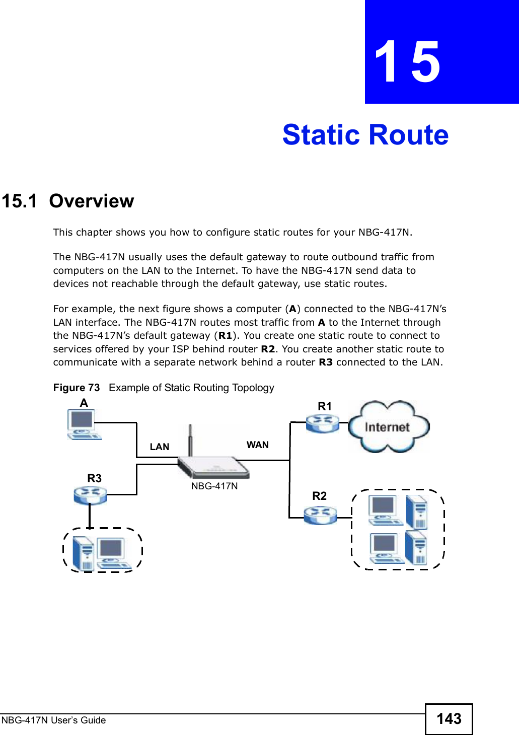 NBG-417N User s Guide 143CHAPTER  15 Static Route15.1  OverviewThis chapter shows you how to configure static routes for your NBG-417N.The NBG-417N usually uses the default gateway to route outbound traffic from computers on the LAN to the Internet. To have the NBG-417N send data to devices not reachable through the default gateway, use static routes.For example, the next figure shows a computer (A) connected to the NBG-417N!s LAN interface. The NBG-417N routes most traffic from A to the Internet through the NBG-417N!s default gateway (R1). You create one static route to connect to services offered by your ISP behind router R2. You create another static route to communicate with a separate network behind a router R3 connected to the LAN.Figure 73   Example of Static Routing TopologyWANR1R2AR3LANNBG-417N