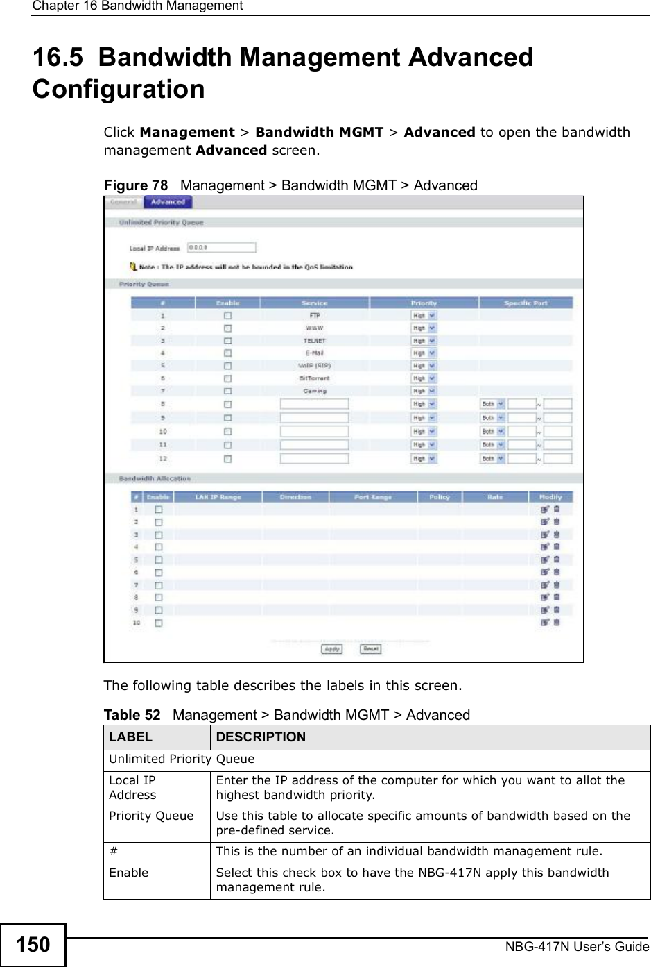 Chapter 16Bandwidth ManagementNBG-417N User s Guide15016.5  Bandwidth Management Advanced Configuration Click Management &gt; Bandwidth MGMT &gt; Advanced to open the bandwidth management Advanced screen.Figure 78   Management &gt; Bandwidth MGMT &gt; Advanced The following table describes the labels in this screen.Table 52   Management &gt; Bandwidth MGMT &gt; Advanced LABEL DESCRIPTIONUnlimited Priority QueueLocal IP AddressEnter the IP address of the computer for which you want to allot the highest bandwidth priority. Priority Queue Use this table to allocate specific amounts of bandwidth based on the pre-defined service.#This is the number of an individual bandwidth management rule.Enable Select this check box to have the NBG-417N apply this bandwidth management rule.