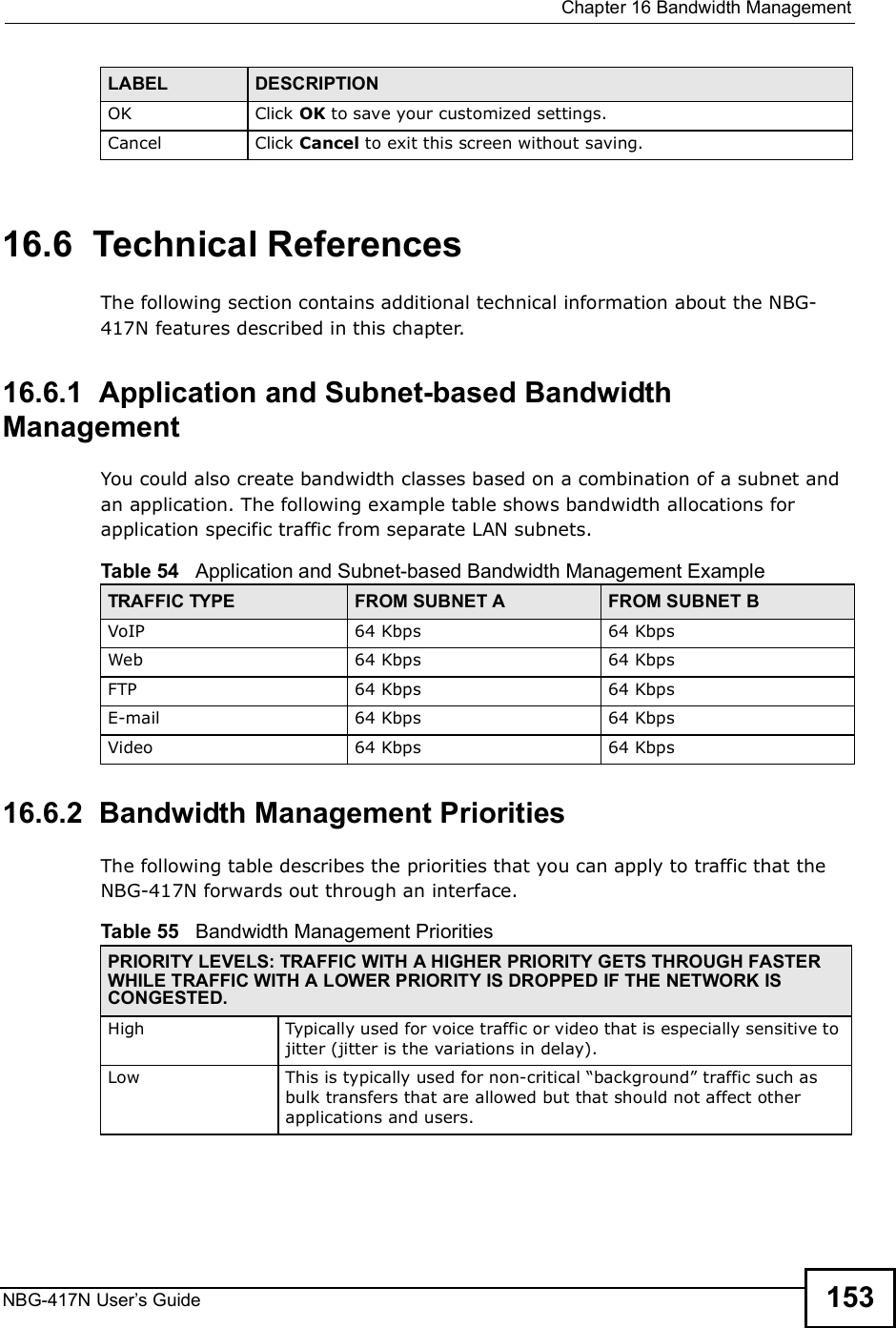  Chapter 16Bandwidth ManagementNBG-417N User s Guide 15316.6  Technical ReferencesThe following section contains additional technical information about the NBG-417N features described in this chapter.16.6.1  Application and Subnet-based Bandwidth ManagementYou could also create bandwidth classes based on a combination of a subnet and an application. The following example table shows bandwidth allocations for application specific traffic from separate LAN subnets.16.6.2  Bandwidth Management Priorities The following table describes the priorities that you can apply to traffic that the NBG-417N forwards out through an interface.OK Click OK to save your customized settings.Cancel Click Cancel to exit this screen without saving.LABEL DESCRIPTIONTable 54   Application and Subnet-based Bandwidth Management Example TRAFFIC TYPE FROM SUBNET A FROM SUBNET BVoIP 64 Kbps 64 KbpsWeb 64 Kbps 64 KbpsFTP 64 Kbps 64 KbpsE-mail 64 Kbps 64 KbpsVideo 64 Kbps 64 KbpsTable 55   Bandwidth Management PrioritiesPRIORITY LEVELS: TRAFFIC WITH A HIGHER PRIORITY GETS THROUGH FASTER WHILE TRAFFIC WITH A LOWER PRIORITY IS DROPPED IF THE NETWORK IS CONGESTED.HighTypically used for voice traffic or video that is especially sensitive to jitter (jitter is the variations in delay).LowThis is typically used for non-critical &quot;background# traffic such as bulk transfers that are allowed but that should not affect other applications and users. 