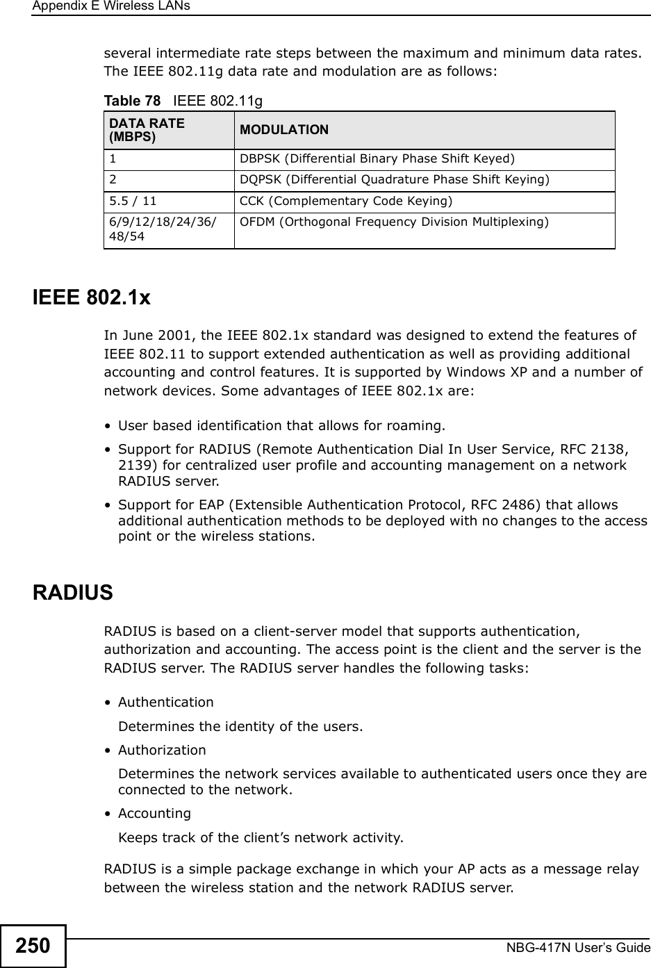 Appendix EWireless LANsNBG-417N User s Guide250several intermediate rate steps between the maximum and minimum data rates. The IEEE 802.11g data rate and modulation are as follows:IEEE 802.1xIn June 2001, the IEEE 802.1x standard was designed to extend the features of IEEE 802.11 to support extended authentication as well as providing additional accounting and control features. It is supported by Windows XP and a number of network devices. Some advantages of IEEE 802.1x are: User based identification that allows for roaming. Support for RADIUS (Remote Authentication Dial In User Service, RFC 2138, 2139) for centralized user profile and accounting management on a network RADIUS server.  Support for EAP (Extensible Authentication Protocol, RFC 2486) that allows additional authentication methods to be deployed with no changes to the access point or the wireless stations. RADIUSRADIUS is based on a client-server model that supports authentication, authorization and accounting. The access point is the client and the server is the RADIUS server. The RADIUS server handles the following tasks: Authentication Determines the identity of the users. AuthorizationDetermines the network services available to authenticated users once they are connected to the network. AccountingKeeps track of the client!s network activity. RADIUS is a simple package exchange in which your AP acts as a message relay between the wireless station and the network RADIUS server. Table 78   IEEE 802.11gDATA RATE (MBPS) MODULATION1DBPSK (Differential Binary Phase Shift Keyed)2DQPSK (Differential Quadrature Phase Shift Keying)5.5 / 11CCK (Complementary Code Keying) 6/9/12/18/24/36/48/54OFDM (Orthogonal Frequency Division Multiplexing) 