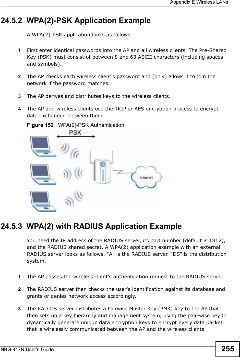  Appendix EWireless LANsNBG-417N User s Guide 25524.5.2  WPA(2)-PSK Application ExampleA WPA(2)-PSK application looks as follows.1First enter identical passwords into the AP and all wireless clients. The Pre-Shared Key (PSK) must consist of between 8 and 63 ASCII characters (including spaces and symbols).2The AP checks each wireless client&apos;s password and (only) allows it to join the network if the password matches.3The AP derives and distributes keys to the wireless clients.4The AP and wireless clients use the TKIP or AES encryption process to encrypt data exchanged between them.Figure 152   WPA(2)-PSK Authentication24.5.3  WPA(2) with RADIUS Application ExampleYou need the IP address of the RADIUS server, its port number (default is 1812), and the RADIUS shared secret. A WPA(2) application example with an external RADIUS server looks as follows. &quot;A&quot; is the RADIUS server. &quot;DS&quot; is the distribution system.1The AP passes the wireless client&apos;s authentication request to the RADIUS server.2The RADIUS server then checks the user&apos;s identification against its database and grants or denies network access accordingly.3The RADIUS server distributes a Pairwise Master Key (PMK) key to the AP that then sets up a key hierarchy and management system, using the pair-wise key to dynamically generate unique data encryption keys to encrypt every data packet that is wirelessly communicated between the AP and the wireless clients. 