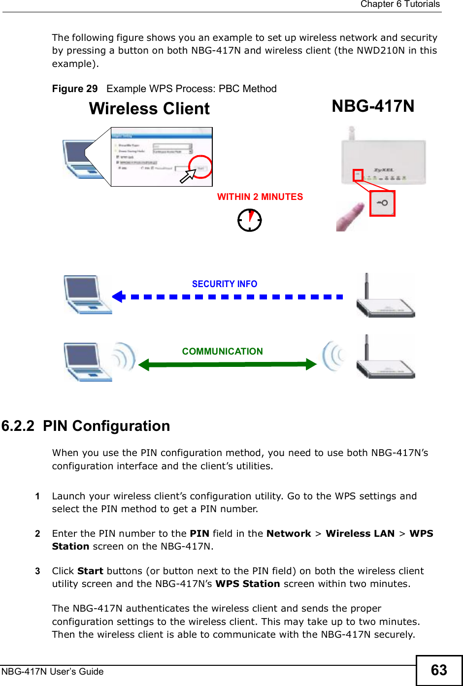 Chapter 6TutorialsNBG-417N User s Guide 63The following figure shows you an example to set up wireless network and security by pressing a button on both NBG-417N and wireless client (the NWD210N in this example).Figure 29   Example WPS Process: PBC Method6.2.2  PIN ConfigurationWhen you use the PIN configuration method, you need to use both NBG-417N!s configuration interface and the client!s utilities.1Launch your wireless client!s configuration utility. Go to the WPS settings and select the PIN method to get a PIN number.2Enter the PIN number to the PIN field in the Network &gt; Wireless LAN &gt; WPS Station screen on the NBG-417N.3Click Start buttons (or button next to the PIN field) on both the wireless client utility screen and the NBG-417N!s WPS Station screen within two minutes.The NBG-417N authenticates the wireless client and sends the proper configuration settings to the wireless client. This may take up to two minutes. Then the wireless client is able to communicate with the NBG-417N securely. Wireless Client    NBG-417NSECURITY INFOCOMMUNICATIONWITHIN 2 MINUTES