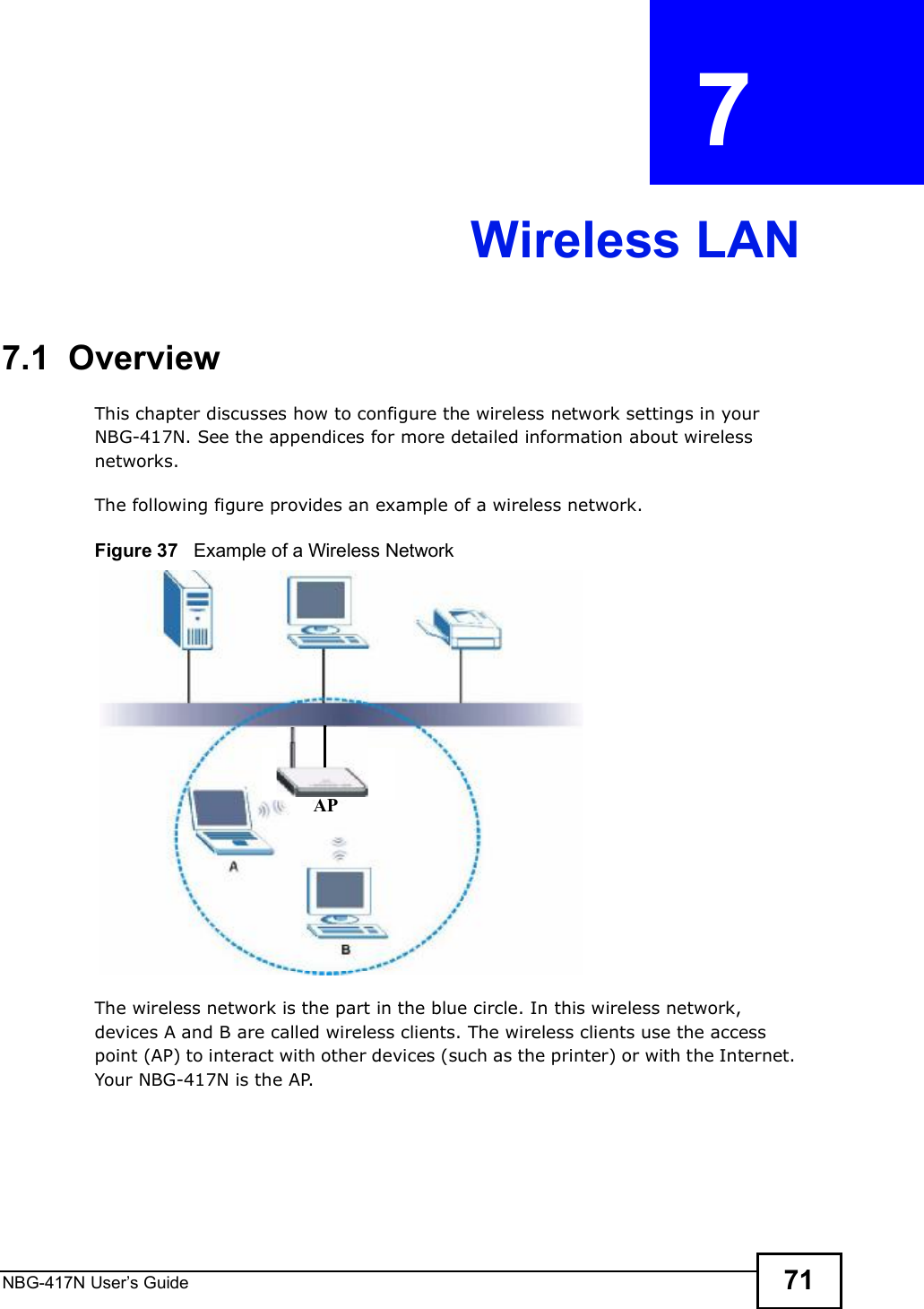 NBG-417N User s Guide 71CHAPTER  7 Wireless LAN7.1  OverviewThis chapter discusses how to configure the wireless network settings in your NBG-417N. See the appendices for more detailed information about wireless networks.The following figure provides an example of a wireless network.Figure 37   Example of a Wireless NetworkThe wireless network is the part in the blue circle. In this wireless network, devices A and B are called wireless clients. The wireless clients use the access point (AP) to interact with other devices (such as the printer) or with the Internet. Your NBG-417N is the AP.AP