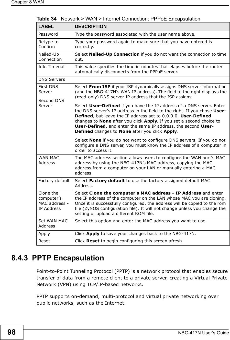 Chapter 8WANNBG-417N User s Guide988.4.3  PPTP EncapsulationPoint-to-Point Tunneling Protocol (PPTP) is a network protocol that enables secure transfer of data from a remote client to a private server, creating a Virtual Private Network (VPN) using TCP/IP-based networks.PPTP supports on-demand, multi-protocol and virtual private networking over public networks, such as the Internet.Password Type the password associated with the user name above.Retype to ConfirmType your password again to make sure that you have entered is correctly. Nailed-Up ConnectionSelect Nailed-Up Connection if you do not want the connection to time out.Idle Timeout This value specifies the time in minutes that elapses before the router automatically disconnects from the PPPoE server.DNS ServersFirst DNS ServerSecond DNS Server Select From ISP if your ISP dynamically assigns DNS server information (and the NBG-417N&apos;s WAN IP address). The field to the right displays the (read-only) DNS server IP address that the ISP assigns. Select User-Defined if you have the IP address of a DNS server. Enter the DNS server&apos;s IP address in the field to the right. If you chose User-Defined, but leave the IP address set to 0.0.0.0, User-Defined changes to None after you click Apply. If you set a second choice to User-Defined, and enter the same IP address, the second User-Defined changes to None after you click Apply. Select None if you do not want to configure DNS servers. If you do not configure a DNS server, you must know the IP address of a computer in order to access it.WAN MAC AddressThe MAC address section allows users to configure the WAN port&apos;s MAC address by using the NBG-417N!s MAC address, copying the MAC address from a computer on your LAN or manually entering a MAC address. Factory default Select Factory default to use the factory assigned default MAC Address.Clone the computer!s MAC address - IP AddressSelect Clone the computer&apos;s MAC address - IP Address and enter the IP address of the computer on the LAN whose MAC you are cloning. Once it is successfully configured, the address will be copied to the rom file (ZyNOS configuration file). It will not change unless you change the setting or upload a different ROM file. Set WAN MAC AddressSelect this option and enter the MAC address you want to use.Apply Click Apply to save your changes back to the NBG-417N.Reset Click Reset to begin configuring this screen afresh.Table 34   Network &gt; WAN &gt; Internet Connection: PPPoE EncapsulationLABEL DESCRIPTION