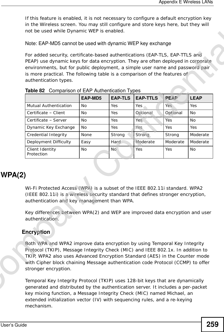 Appendix EWireless LANsUser’s Guide 259If this feature is enabled, it is not necessary to configure a default encryption key in the Wireless screen. You may still configure and store keys here, but they will not be used while Dynamic WEP is enabled.Note: EAP-MD5 cannot be used with dynamic WEP key exchangeFor added security, certificate-based authentications (EAP-TLS, EAP-TTLS and PEAP) use dynamic keys for data encryption. They are often deployed in corporate environments, but for public deployment, a simple user name and password pair is more practical. The following table is a comparison of the features of authentication types.WPA(2)Wi-Fi Protected Access (WPA) is a subset of the IEEE 802.11i standard. WPA2 (IEEE 802.11i) is a wireless security standard that defines stronger encryption, authentication and key management than WPA. Key differences between WPA(2) and WEP are improved data encryption and user authentication.    EncryptionBoth WPA and WPA2 improve data encryption by using Temporal Key Integrity Protocol (TKIP), Message Integrity Check (MIC) and IEEE 802.1x. In addition to TKIP, WPA2 also uses Advanced Encryption Standard (AES) in the Counter mode with Cipher block chaining Message authentication code Protocol (CCMP) to offer stronger encryption. Temporal Key Integrity Protocol (TKIP) uses 128-bit keys that are dynamically generated and distributed by the authentication server. It includes a per-packet key mixing function, a Message Integrity Check (MIC) named Michael, an extended initialization vector (IV) with sequencing rules, and a re-keying mechanism.Table 82   Comparison of EAP Authentication TypesEAP-MD5 EAP-TLS EAP-TTLS PEAP LEAPMutual Authentication No Yes Yes Yes YesCertificate – Client No Yes Optional Optional NoCertificate – Server No Yes Yes Yes NoDynamic Key Exchange No Yes Yes Yes YesCredential Integrity None Strong Strong Strong ModerateDeployment Difficulty Easy Hard Moderate Moderate ModerateClient Identity Protection No No Yes Yes NoCompany Confidential