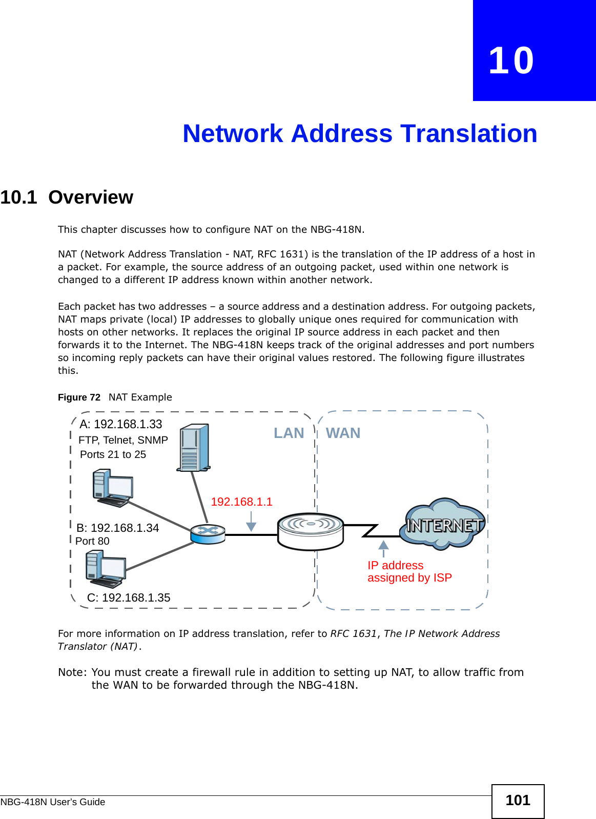 NBG-418N User’s Guide 101CHAPTER   10Network Address Translation10.1  Overview   This chapter discusses how to configure NAT on the NBG-418N.NAT (Network Address Translation - NAT, RFC 1631) is the translation of the IP address of a host in a packet. For example, the source address of an outgoing packet, used within one network is changed to a different IP address known within another network.Each packet has two addresses – a source address and a destination address. For outgoing packets, NAT maps private (local) IP addresses to globally unique ones required for communication with hosts on other networks. It replaces the original IP source address in each packet and then forwards it to the Internet. The NBG-418N keeps track of the original addresses and port numbers so incoming reply packets can have their original values restored. The following figure illustrates this.Figure 72   NAT ExampleFor more information on IP address translation, refer to RFC 1631, The IP Network Address Translator (NAT). Note: You must create a firewall rule in addition to setting up NAT, to allow traffic from the WAN to be forwarded through the NBG-418N.A: 192.168.1.33B: 192.168.1.34C: 192.168.1.35IP address 192.168.1.1WANLANassigned by ISPFTP, Telnet, SNMPPort 80Ports 21 to 25