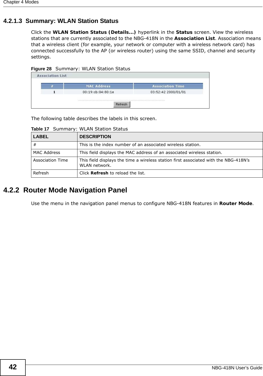 Chapter 4 ModesNBG-418N User’s Guide424.2.1.3  Summary: WLAN Station Status     Click the WLAN Station Status (Details...) hyperlink in the Status screen. View the wireless stations that are currently associated to the NBG-418N in the Association List. Association means that a wireless client (for example, your network or computer with a wireless network card) has connected successfully to the AP (or wireless router) using the same SSID, channel and security settings.Figure 28   Summary: WLAN Station StatusThe following table describes the labels in this screen.4.2.2  Router Mode Navigation PanelUse the menu in the navigation panel menus to configure NBG-418N features in Router Mode.Table 17   Summary: WLAN Station StatusLABEL DESCRIPTION#  This is the index number of an associated wireless station. MAC Address  This field displays the MAC address of an associated wireless station.Association Time This field displays the time a wireless station first associated with the NBG-418N’s WLAN network.Refresh Click Refresh to reload the list. 