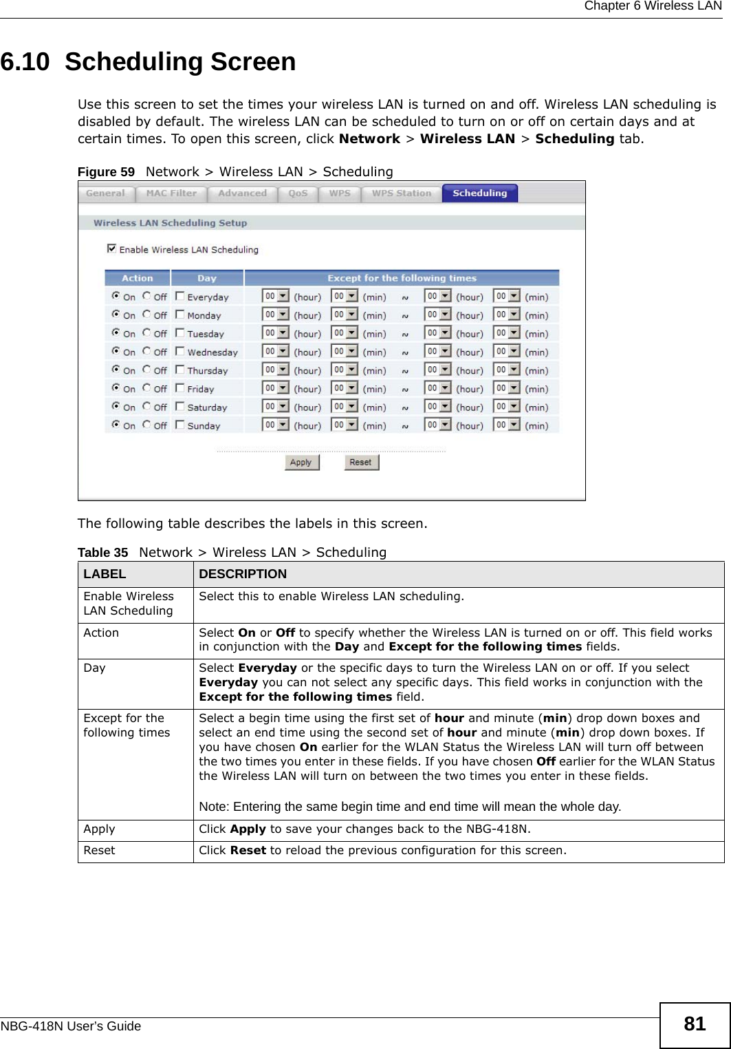  Chapter 6 Wireless LANNBG-418N User’s Guide 816.10  Scheduling ScreenUse this screen to set the times your wireless LAN is turned on and off. Wireless LAN scheduling is disabled by default. The wireless LAN can be scheduled to turn on or off on certain days and at certain times. To open this screen, click Network &gt; Wireless LAN &gt; Scheduling tab.Figure 59   Network &gt; Wireless LAN &gt; SchedulingThe following table describes the labels in this screen.Table 35   Network &gt; Wireless LAN &gt; SchedulingLABEL DESCRIPTIONEnable Wireless LAN SchedulingSelect this to enable Wireless LAN scheduling.Action Select On or Off to specify whether the Wireless LAN is turned on or off. This field works in conjunction with the Day and Except for the following times fields.Day Select Everyday or the specific days to turn the Wireless LAN on or off. If you select Everyday you can not select any specific days. This field works in conjunction with the Except for the following times field.Except for the following times Select a begin time using the first set of hour and minute (min) drop down boxes and select an end time using the second set of hour and minute (min) drop down boxes. If you have chosen On earlier for the WLAN Status the Wireless LAN will turn off between the two times you enter in these fields. If you have chosen Off earlier for the WLAN Status the Wireless LAN will turn on between the two times you enter in these fields. Note: Entering the same begin time and end time will mean the whole day.Apply Click Apply to save your changes back to the NBG-418N.Reset Click Reset to reload the previous configuration for this screen.