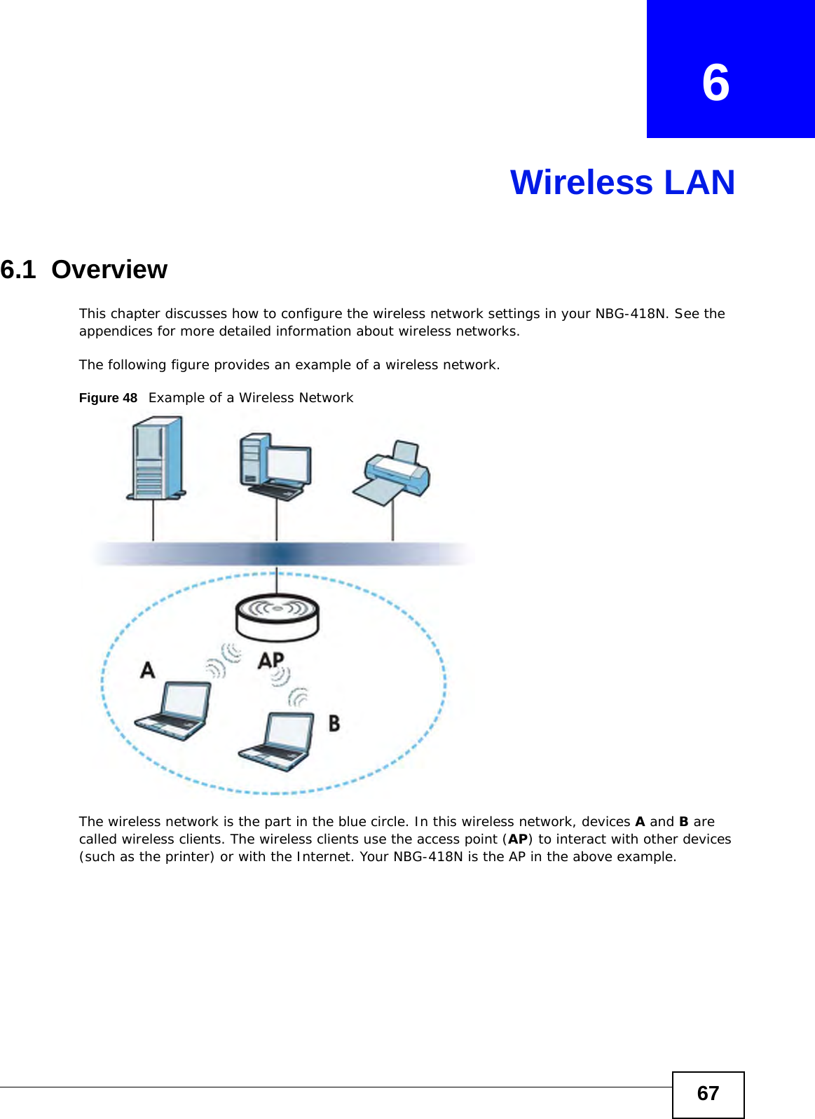 67CHAPTER   6Wireless LAN6.1  OverviewThis chapter discusses how to configure the wireless network settings in your NBG-418N. See the appendices for more detailed information about wireless networks.The following figure provides an example of a wireless network.Figure 48   Example of a Wireless NetworkThe wireless network is the part in the blue circle. In this wireless network, devices A and B are called wireless clients. The wireless clients use the access point (AP) to interact with other devices (such as the printer) or with the Internet. Your NBG-418N is the AP in the above example.