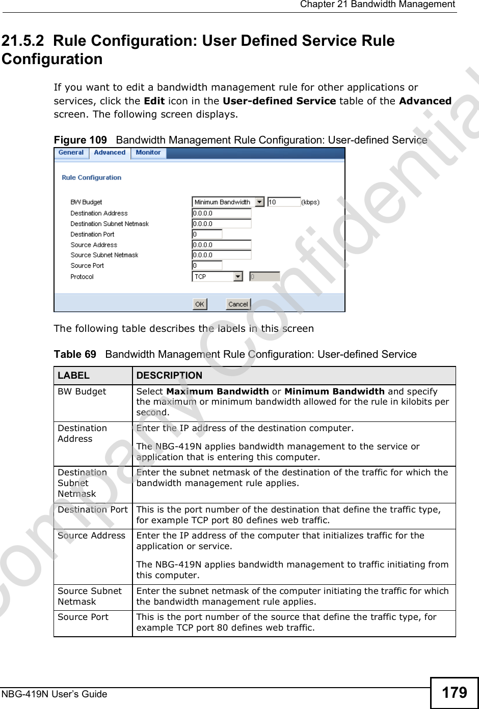  Chapter 21Bandwidth ManagementNBG-419N User s Guide 17921.5.2  Rule Configuration: User Defined Service Rule Configuration    If you want to edit a bandwidth management rule for other applications or services, click the Edit icon in the User-defined Service table of the Advanced screen. The following screen displays.Figure 109   Bandwidth Management Rule Configuration: User-defined Service The following table describes the labels in this screenTable 69   Bandwidth Management Rule Configuration: User-defined Service  LABEL DESCRIPTIONBW Budget Select Maximum Bandwidth or Minimum Bandwidth and specify the maximum or minimum bandwidth allowed for the rule in kilobits per second.  Destination AddressEnter the IP address of the destination computer.The NBG-419N applies bandwidth management to the service or application that is entering this computer. Destination Subnet NetmaskEnter the subnet netmask of the destination of the traffic for which the bandwidth management rule applies.Destination Port This is the port number of the destination that define the traffic type, for example TCP port 80 defines web traffic.Source Address Enter the IP address of the computer that initializes traffic for the application or service. The NBG-419N applies bandwidth management to traffic initiating from this computer. Source Subnet NetmaskEnter the subnet netmask of the computer initiating the traffic for which the bandwidth management rule applies.Source Port This is the port number of the source that define the traffic type, for example TCP port 80 defines web traffic.Company Confidential