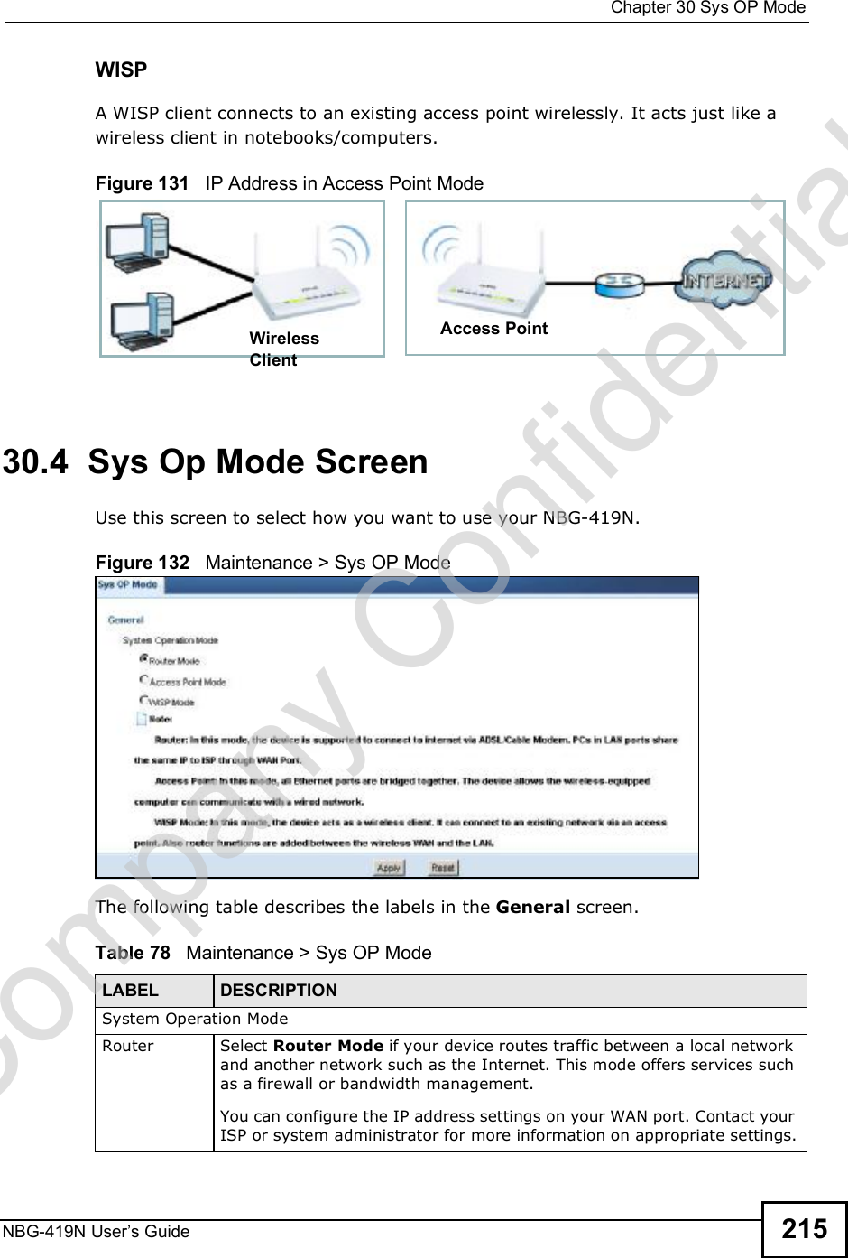  Chapter 30Sys OP ModeNBG-419N User s Guide 215WISPA WISP client connects to an existing access point wirelessly. It acts just like a wireless client in notebooks/computers.  Figure 131   IP Address in Access Point Mode30.4  Sys Op Mode ScreenUse this screen to select how you want to use your NBG-419N. Figure 132   Maintenance &gt; Sys OP Mode The following table describes the labels in the General screen.Table 78   Maintenance &gt; Sys OP Mode Access PointWirelessClientLABEL DESCRIPTIONSystem Operation ModeRouter  Select Router Mode if your device routes traffic between a local network and another network such as the Internet. This mode offers services such as a firewall or bandwidth management.You can configure the IP address settings on your WAN port. Contact your ISP or system administrator for more information on appropriate settings.Company Confidential