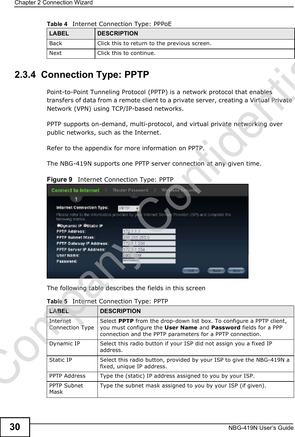 Chapter 2Connection WizardNBG-419N User s Guide302.3.4  Connection Type: PPTPPoint-to-Point Tunneling Protocol (PPTP) is a network protocol that enables transfers of data from a remote client to a private server, creating a Virtual Private Network (VPN) using TCP/IP-based networks.PPTP supports on-demand, multi-protocol, and virtual private networking over public networks, such as the Internet.Refer to the appendix for more information on PPTP.The NBG-419N supports one PPTP server connection at any given time.Figure 9   Internet Connection Type: PPTP The following table describes the fields in this screenBack Click this to return to the previous screen.Next Click this to continue. Table 4   Internet Connection Type: PPPoELABEL DESCRIPTIONTable 5   Internet Connection Type: PPTPLABEL DESCRIPTIONInternet Connection TypeSelect PPTP from the drop-down list box. To configure a PPTP client, you must configure the User Name and Password fields for a PPP connection and the PPTP parameters for a PPTP connection.Dynamic IP Select this radio button if your ISP did not assign you a fixed IP address.Static IP Select this radio button, provided by your ISP to give the NBG-419N a fixed, unique IP address.PPTP Address Type the (static) IP address assigned to you by your ISP.PPTP Subnet MaskType the subnet mask assigned to you by your ISP (if given).Company Confidential