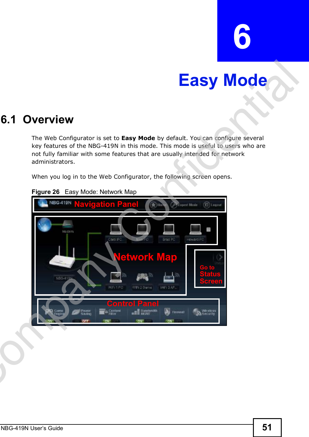 NBG-419N User s Guide 51CHAPTER  6 Easy Mode6.1  OverviewThe Web Configurator is set to Easy Mode by default. You can configure several key features of the NBG-419N in this mode. This mode is useful to users who are not fully familiar with some features that are usually intended for network administrators.When you log in to the Web Configurator, the following screen opens.Figure 26   Easy Mode: Network Map Network MapControl PanelGo toStatusScreenNavigation PanelCompany Confidential
