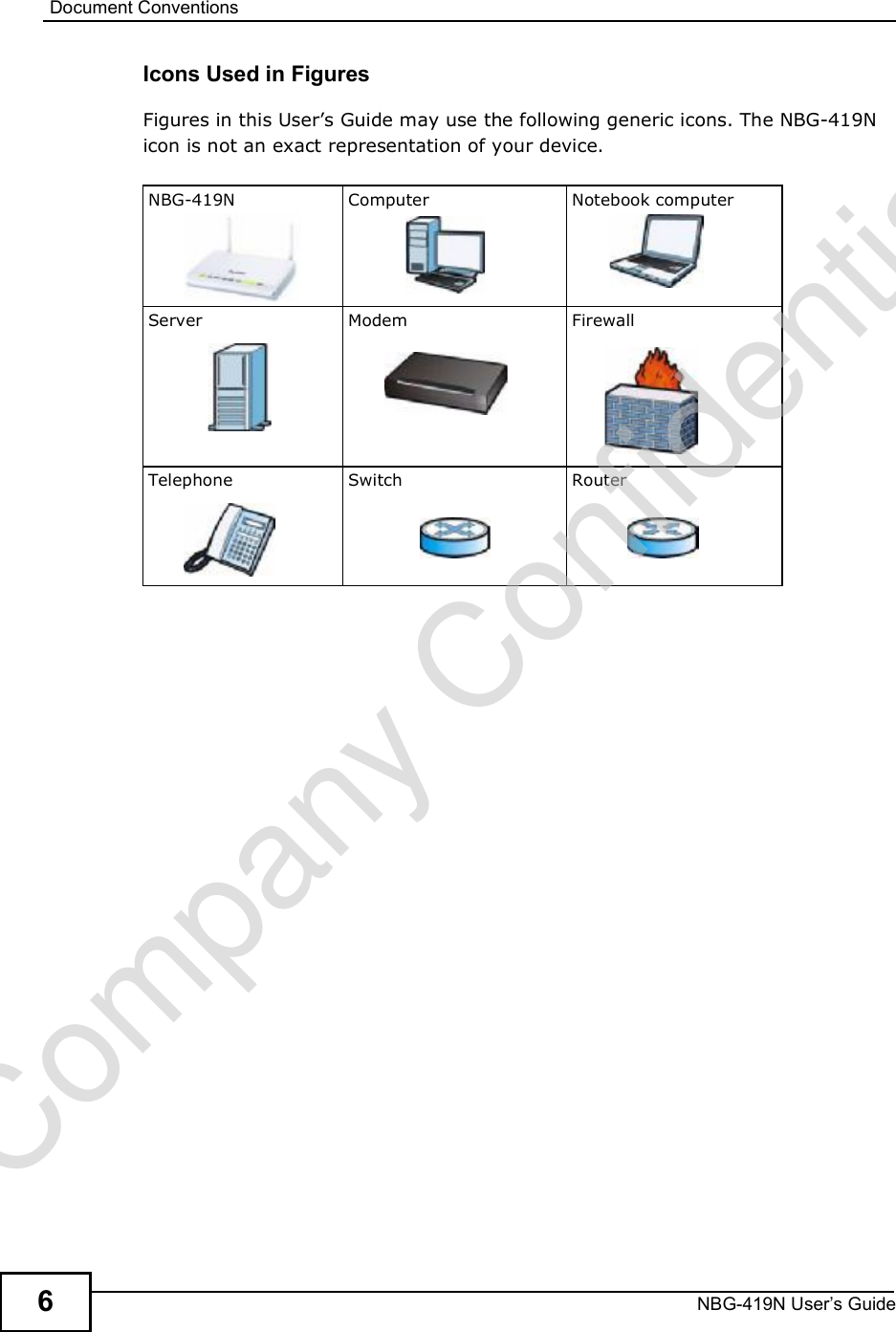 Document ConventionsNBG-419N User s Guide6Icons Used in FiguresFigures in this User!s Guide may use the following generic icons. The NBG-419N icon is not an exact representation of your device.NBG-419N Computer Notebook computerServer Modem FirewallTelephone Switch RouterCompany Confidential