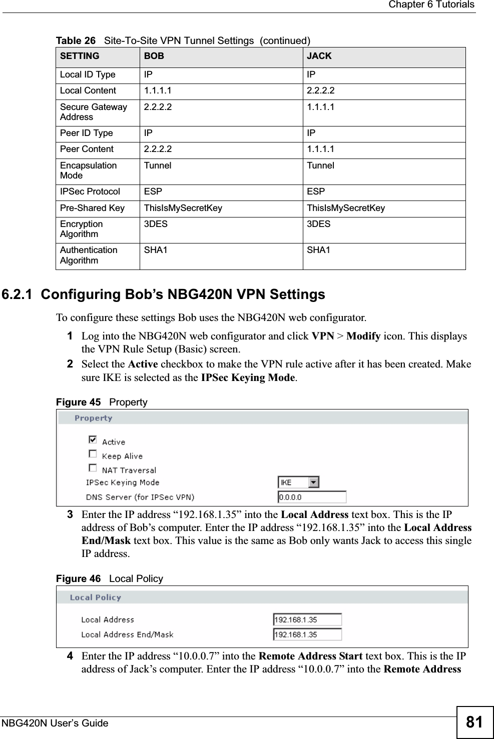  Chapter 6 TutorialsNBG420N User’s Guide 816.2.1  Configuring Bob’s NBG420N VPN SettingsTo configure these settings Bob uses the NBG420N web configurator.1Log into the NBG420N web configurator and click VPN &gt; Modify icon. This displays the VPN Rule Setup (Basic) screen.2Select the Active checkbox to make the VPN rule active after it has been created. Make sure IKE is selected as the IPSec Keying Mode.Figure 45   Property3Enter the IP address “192.168.1.35” into the Local Address text box. This is the IP address of Bob’s computer. Enter the IP address “192.168.1.35” into the Local Address End/Mask text box. This value is the same as Bob only wants Jack to access this single IP address.Figure 46   Local Policy4Enter the IP address “10.0.0.7” into the Remote Address Start text box. This is the IP address of Jack’s computer. Enter the IP address “10.0.0.7” into the Remote Address Local ID Type IP IPLocal Content 1.1.1.1 2.2.2.2Secure Gateway Address2.2.2.2 1.1.1.1Peer ID Type IP IPPeer Content 2.2.2.2 1.1.1.1Encapsulation ModeTunnel TunnelIPSec Protocol ESP ESPPre-Shared Key ThisIsMySecretKey ThisIsMySecretKeyEncryption Algorithm3DES 3DESAuthentication AlgorithmSHA1 SHA1Table 26   Site-To-Site VPN Tunnel Settings  (continued)SETTING BOB JACK