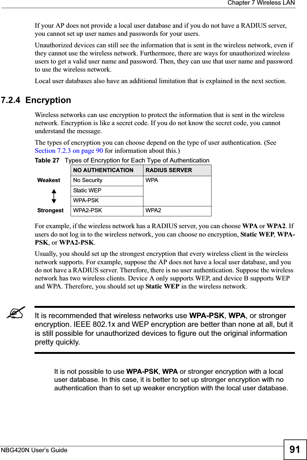  Chapter 7 Wireless LANNBG420N User’s Guide 91If your AP does not provide a local user database and if you do not have a RADIUS server, you cannot set up user names and passwords for your users.Unauthorized devices can still see the information that is sent in the wireless network, even if they cannot use the wireless network. Furthermore, there are ways for unauthorized wireless users to get a valid user name and password. Then, they can use that user name and password to use the wireless network.Local user databases also have an additional limitation that is explained in the next section.7.2.4  EncryptionWireless networks can use encryption to protect the information that is sent in the wireless network. Encryption is like a secret code. If you do not know the secret code, you cannot understand the message.The types of encryption you can choose depend on the type of user authentication. (See Section 7.2.3 on page 90 for information about this.)For example, if the wireless network has a RADIUS server, you can choose WPA or WPA2. If users do not log in to the wireless network, you can choose no encryption, Static WEP,WPA-PSK, or WPA2-PSK.Usually, you should set up the strongest encryption that every wireless client in the wireless network supports. For example, suppose the AP does not have a local user database, and you do not have a RADIUS server. Therefore, there is no user authentication. Suppose the wireless network has two wireless clients. Device A only supports WEP, and device B supports WEP and WPA. Therefore, you should set up Static WEP in the wireless network.&quot;It is recommended that wireless networks use WPA-PSK,WPA, or stronger encryption. IEEE 802.1x and WEP encryption are better than none at all, but it is still possible for unauthorized devices to figure out the original information pretty quickly.It is not possible to use WPA-PSK,WPA or stronger encryption with a local user database. In this case, it is better to set up stronger encryption with no authentication than to set up weaker encryption with the local user database.Table 27   Types of Encryption for Each Type of AuthenticationNO AUTHENTICATION RADIUS SERVERWeakest No Security WPAStatic WEPWPA-PSKStrongest WPA2-PSK WPA2