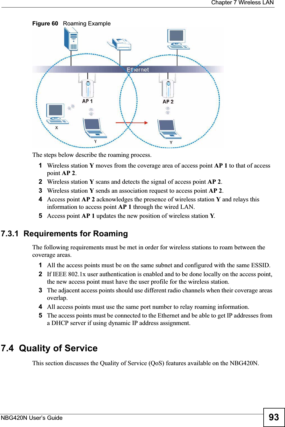  Chapter 7 Wireless LANNBG420N User’s Guide 93Figure 60   Roaming ExampleThe steps below describe the roaming process.1Wireless station Y moves from the coverage area of access point AP 1 to that of access point AP 2.2Wireless station Y scans and detects the signal of access point AP 2.3Wireless station Y sends an association request to access point AP 2.4Access point AP 2 acknowledges the presence of wireless station Y and relays this information to access point AP 1 through the wired LAN. 5Access point AP 1 updates the new position of wireless station Y.7.3.1  Requirements for RoamingThe following requirements must be met in order for wireless stations to roam between the coverage areas. 1All the access points must be on the same subnet and configured with the same ESSID. 2If IEEE 802.1x user authentication is enabled and to be done locally on the access point, the new access point must have the user profile for the wireless station.3The adjacent access points should use different radio channels when their coverage areas overlap. 4All access points must use the same port number to relay roaming information. 5The access points must be connected to the Ethernet and be able to get IP addresses from a DHCP server if using dynamic IP address assignment. 7.4  Quality of ServiceThis section discusses the Quality of Service (QoS) features available on the NBG420N.