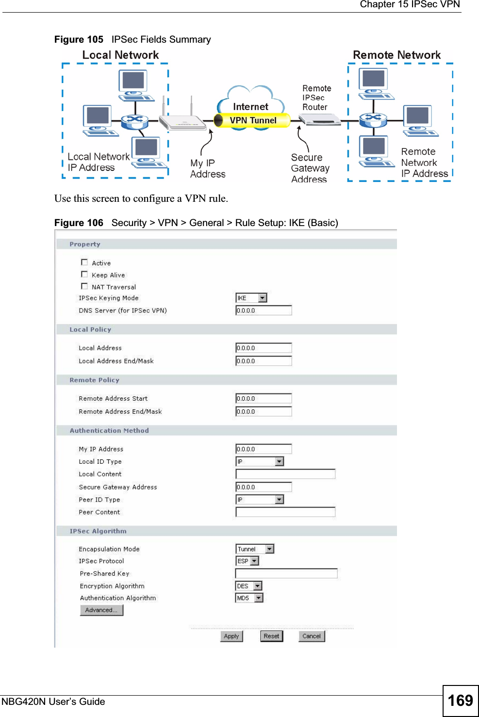  Chapter 15 IPSec VPNNBG420N User’s Guide 169Figure 105   IPSec Fields Summary  Use this screen to configure a VPN rule.Figure 106   Security &gt; VPN &gt; General &gt; Rule Setup: IKE (Basic)