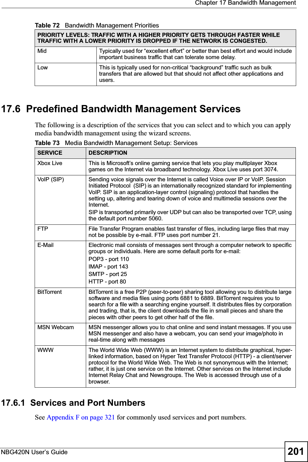  Chapter 17 Bandwidth ManagementNBG420N User’s Guide 20117.6  Predefined Bandwidth Management ServicesThe following is a description of the services that you can select and to which you can apply media bandwidth management using the wizard screens. 17.6.1  Services and Port NumbersSee Appendix F on page 321 for commonly used services and port numbers.Mid  Typically used for “excellent effort” or better than best effort and would include important business traffic that can tolerate some delay.Low This is typically used for non-critical “background” traffic such as bulk transfers that are allowed but that should not affect other applications and users.Table 72   Bandwidth Management PrioritiesPRIORITY LEVELS: TRAFFIC WITH A HIGHER PRIORITY GETS THROUGH FASTER WHILE TRAFFIC WITH A LOWER PRIORITY IS DROPPED IF THE NETWORK IS CONGESTED.Table 73   Media Bandwidth Management Setup: ServicesSERVICE DESCRIPTIONXbox Live This is Microsoft’s online gaming service that lets you play multiplayer Xbox games on the Internet via broadband technology. Xbox Live uses port 3074.VoIP (SIP) Sending voice signals over the Internet is called Voice over IP or VoIP. Session Initiated Protocol  (SIP) is an internationally recognized standard for implementing VoIP. SIP is an application-layer control (signaling) protocol that handles the setting up, altering and tearing down of voice and multimedia sessions over the Internet.SIP is transported primarily over UDP but can also be transported over TCP, using the default port number 5060. FTP File Transfer Program enables fast transfer of files, including large files that may not be possible by e-mail. FTP uses port number 21.E-Mail Electronic mail consists of messages sent through a computer network to specific groups or individuals. Here are some default ports for e-mail: POP3 - port 110IMAP - port 143SMTP - port 25HTTP - port 80BitTorrent BitTorrent is a free P2P (peer-to-peer) sharing tool allowing you to distribute large software and media files using ports 6881 to 6889. BitTorrent requires you to search for a file with a searching engine yourself. It distributes files by corporation and trading, that is, the client downloads the file in small pieces and share the pieces with other peers to get other half of the file.MSN Webcam MSN messenger allows you to chat online and send instant messages. If you use MSN messenger and also have a webcam, you can send your image/photo in real-time along with messagesWWW The World Wide Web (WWW) is an Internet system to distribute graphical, hyper-linked information, based on Hyper Text Transfer Protocol (HTTP) - a client/server protocol for the World Wide Web. The Web is not synonymous with the Internet; rather, it is just one service on the Internet. Other services on the Internet include Internet Relay Chat and Newsgroups. The Web is accessed through use of a browser.