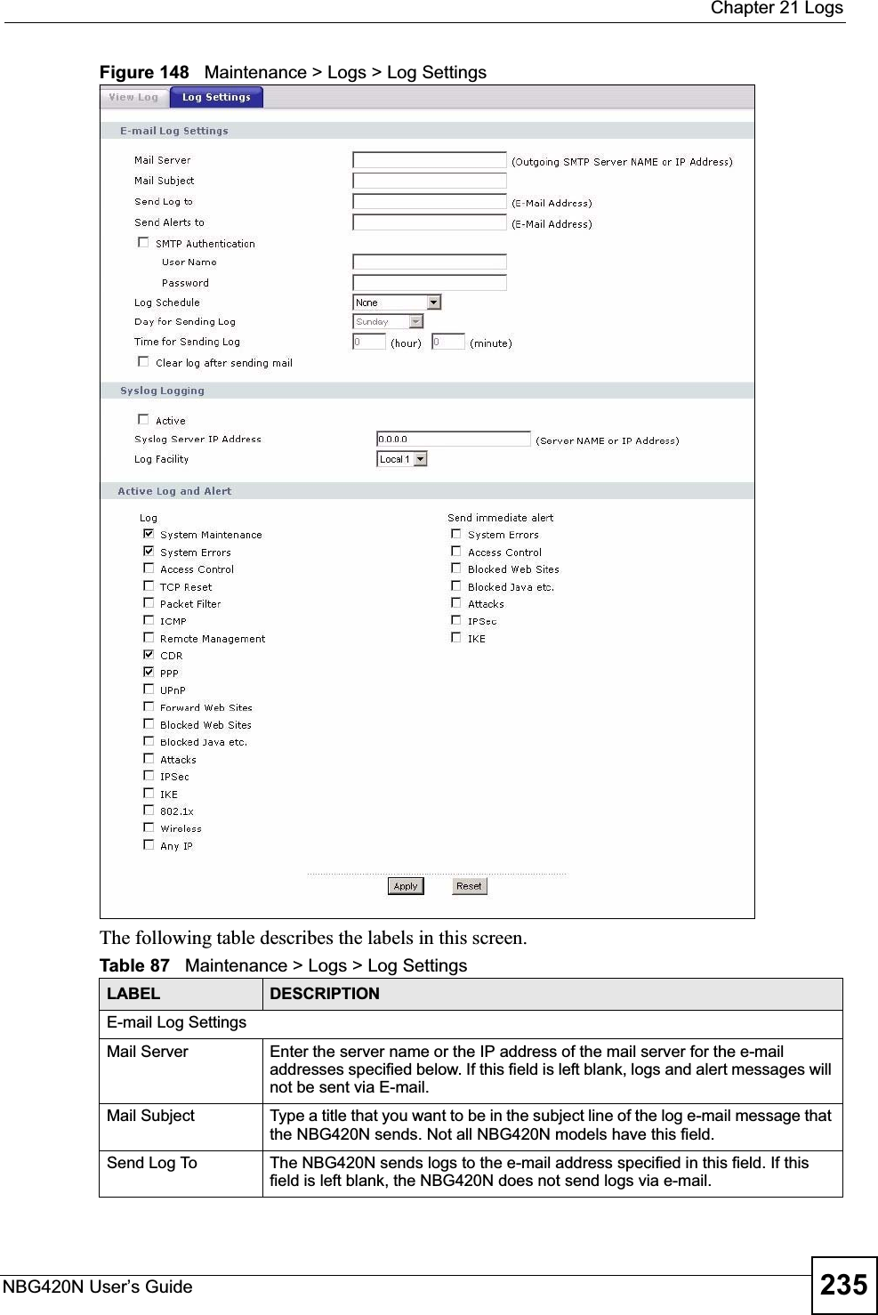  Chapter 21 LogsNBG420N User’s Guide 235Figure 148   Maintenance &gt; Logs &gt; Log Settings The following table describes the labels in this screen.Table 87   Maintenance &gt; Logs &gt; Log SettingsLABEL DESCRIPTIONE-mail Log Settings Mail Server  Enter the server name or the IP address of the mail server for the e-mail addresses specified below. If this field is left blank, logs and alert messages will not be sent via E-mail. Mail Subject Type a title that you want to be in the subject line of the log e-mail message that the NBG420N sends. Not all NBG420N models have this field.Send Log To  The NBG420N sends logs to the e-mail address specified in this field. If this field is left blank, the NBG420N does not send logs via e-mail. 