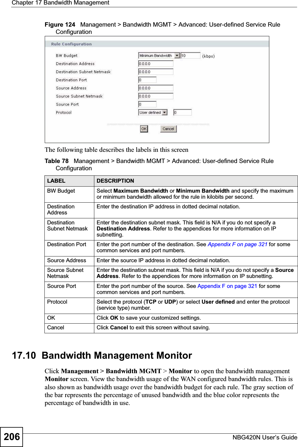 Chapter 17 Bandwidth ManagementNBG420N User’s Guide206Figure 124   Management &gt; Bandwidth MGMT &gt; Advanced: User-defined Service Rule Configuration The following table describes the labels in this screenTable 78   Management &gt; Bandwidth MGMT &gt; Advanced: User-defined Service Rule Configuration  17.10  Bandwidth Management Monitor    Click Management &gt; Bandwidth MGMT &gt; Monitor to open the bandwidth management Monitor screen. View the bandwidth usage of the WAN configured bandwidth rules. This is also shown as bandwidth usage over the bandwidth budget for each rule. The gray section of the bar represents the percentage of unused bandwidth and the blue color represents the percentage of bandwidth in use.LABEL DESCRIPTIONBW Budget Select Maximum Bandwidth or Minimum Bandwidth and specify the maximum or minimum bandwidth allowed for the rule in kilobits per second. Destination AddressEnter the destination IP address in dotted decimal notation.Destination Subnet NetmaskEnter the destination subnet mask. This field is N/A if you do not specify a Destination Address. Refer to the appendices for more information on IP subnetting.Destination Port Enter the port number of the destination. See Appendix F on page 321 for some common services and port numbers.Source Address Enter the source IP address in dotted decimal notation.Source Subnet NetmaskEnter the destination subnet mask. This field is N/A if you do not specify a Source Address. Refer to the appendices for more information on IP subnetting.Source Port Enter the port number of the source. See Appendix F on page 321 for some common services and port numbers.Protocol Select the protocol (TCP or UDP) or select User defined and enter the protocol (service type) number. OK Click OK to save your customized settings.Cancel Click Cancel to exit this screen without saving.