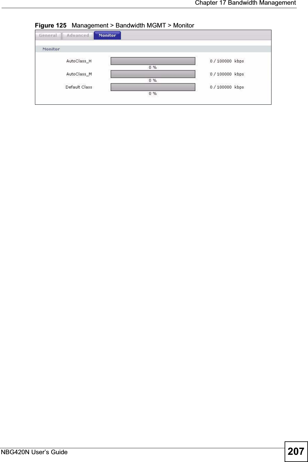  Chapter 17 Bandwidth ManagementNBG420N User’s Guide 207Figure 125   Management &gt; Bandwidth MGMT &gt; Monitor 