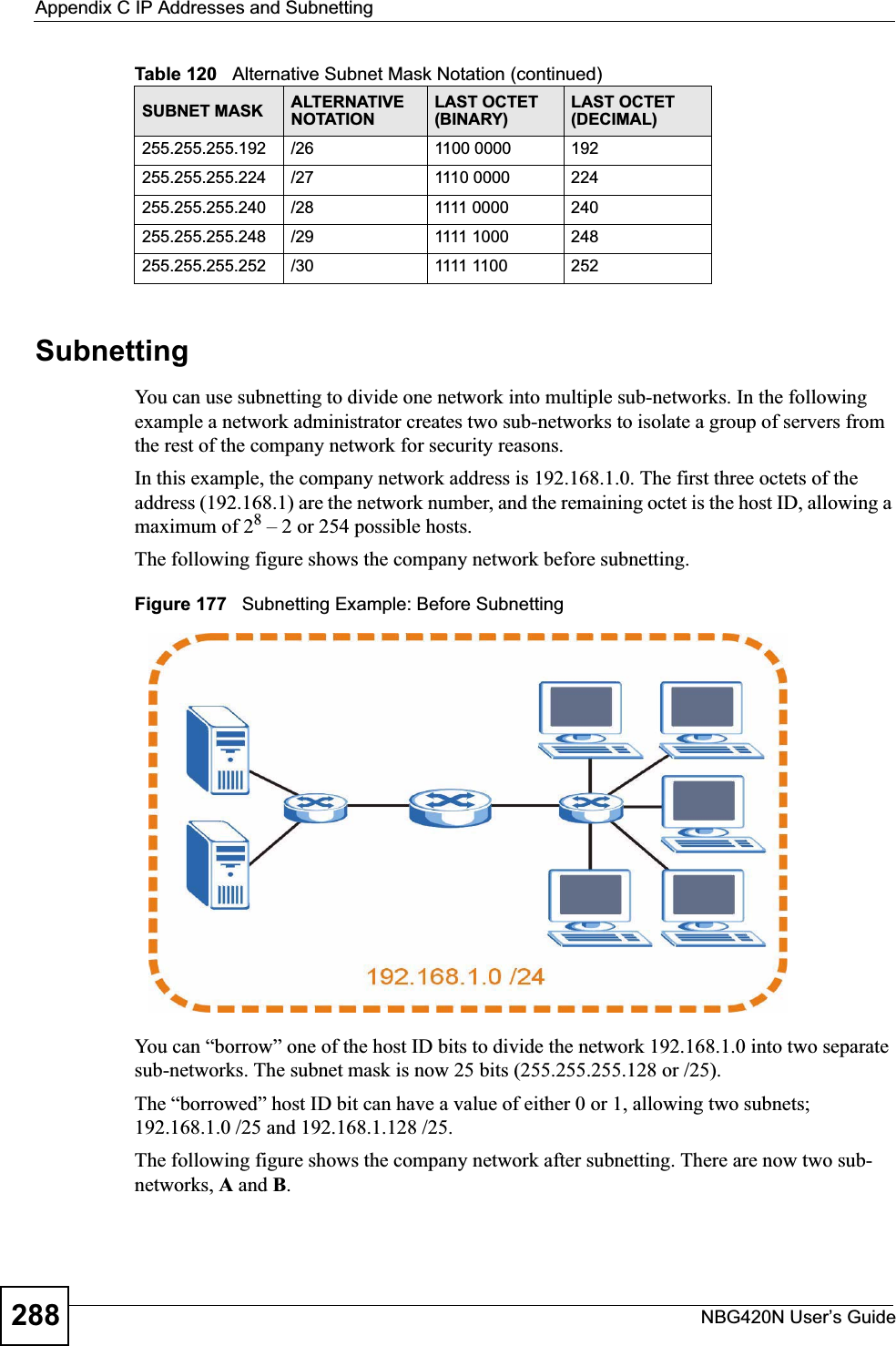 Appendix C IP Addresses and SubnettingNBG420N User’s Guide288SubnettingYou can use subnetting to divide one network into multiple sub-networks. In the following example a network administrator creates two sub-networks to isolate a group of servers from the rest of the company network for security reasons.In this example, the company network address is 192.168.1.0. The first three octets of the address (192.168.1) are the network number, and the remaining octet is the host ID, allowing a maximum of 28 – 2 or 254 possible hosts.The following figure shows the company network before subnetting.  Figure 177   Subnetting Example: Before SubnettingYou can “borrow” one of the host ID bits to divide the network 192.168.1.0 into two separate sub-networks. The subnet mask is now 25 bits (255.255.255.128 or /25).The “borrowed” host ID bit can have a value of either 0 or 1, allowing two subnets; 192.168.1.0 /25 and 192.168.1.128 /25. The following figure shows the company network after subnetting. There are now two sub-networks, A and B.255.255.255.192 /26 1100 0000 192255.255.255.224 /27 1110 0000 224255.255.255.240 /28 1111 0000 240255.255.255.248 /29 1111 1000 248255.255.255.252 /30 1111 1100 252Table 120   Alternative Subnet Mask Notation (continued)SUBNET MASK ALTERNATIVE NOTATIONLAST OCTET (BINARY)LAST OCTET (DECIMAL)