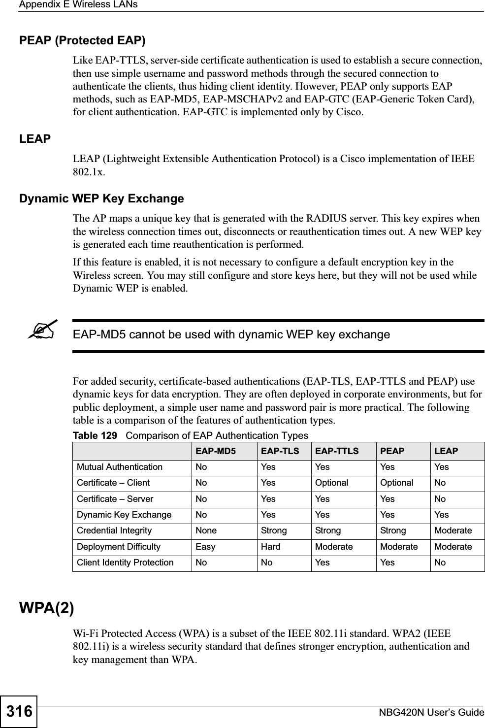 Appendix E Wireless LANsNBG420N User’s Guide316PEAP (Protected EAP)Like EAP-TTLS, server-side certificate authentication is used to establish a secure connection, then use simple username and password methods through the secured connection to authenticate the clients, thus hiding client identity. However, PEAP only supports EAP methods, such as EAP-MD5, EAP-MSCHAPv2 and EAP-GTC (EAP-Generic Token Card), for client authentication. EAP-GTC is implemented only by Cisco.LEAPLEAP (Lightweight Extensible Authentication Protocol) is a Cisco implementation of IEEE 802.1x. Dynamic WEP Key ExchangeThe AP maps a unique key that is generated with the RADIUS server. This key expires when the wireless connection times out, disconnects or reauthentication times out. A new WEP key is generated each time reauthentication is performed.If this feature is enabled, it is not necessary to configure a default encryption key in the Wireless screen. You may still configure and store keys here, but they will not be used while Dynamic WEP is enabled.&quot;EAP-MD5 cannot be used with dynamic WEP key exchangeFor added security, certificate-based authentications (EAP-TLS, EAP-TTLS and PEAP) use dynamic keys for data encryption. They are often deployed in corporate environments, but for public deployment, a simple user name and password pair is more practical. The following table is a comparison of the features of authentication types.WPA(2)Wi-Fi Protected Access (WPA) is a subset of the IEEE 802.11i standard. WPA2 (IEEE 802.11i) is a wireless security standard that defines stronger encryption, authentication and key management than WPA. Table 129   Comparison of EAP Authentication TypesEAP-MD5 EAP-TLS EAP-TTLS PEAP LEAPMutual Authentication No Yes Yes Yes YesCertificate – Client No Yes Optional Optional NoCertificate – Server No Yes Yes Yes NoDynamic Key Exchange No Yes Yes Yes YesCredential Integrity None Strong Strong Strong ModerateDeployment Difficulty Easy Hard Moderate Moderate ModerateClient Identity Protection No No Yes Yes No