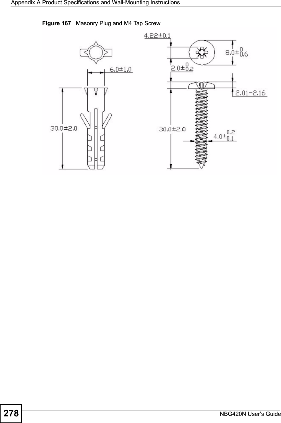 Appendix A Product Specifications and Wall-Mounting InstructionsNBG420N User’s Guide278Figure 167   Masonry Plug and M4 Tap Screw