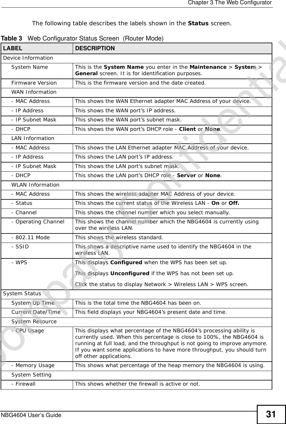  Chapter 3The Web ConfiguratorNBG4604 User’s Guide 31The following table describes the labels shown in the Status screen.Table 3   Web Configurator Status Screen  (Router Mode) LABEL DESCRIPTIONDevice InformationSystem NameThis is the System Name you enter in the Maintenance &gt; System &gt;General screen. It is for identification purposes.Firmware VersionThis is the firmware version and the date created. WAN Information- MAC AddressThis shows the WAN Ethernet adapter MAC Address of your device.- IP AddressThis shows the WAN port’s IP address.- IP Subnet MaskThis shows the WAN port’s subnet mask.- DHCPThis shows the WAN port’s DHCP role - Client or None.LAN Information- MAC AddressThis shows the LAN Ethernet adapter MAC Address of your device.- IP AddressThis shows the LAN port’s IP address.- IP Subnet MaskThis shows the LAN port’s subnet mask.- DHCPThis shows the LAN port’s DHCP role - Server or None.WLAN Information- MAC AddressThis shows the wireless adapter MAC Address of your device.- StatusThis shows the current status of the Wireless LAN - On or Off.- ChannelThis shows the channel number which you select manually.- Operating ChannelThis shows the channel number which the NBG4604 is currently using over the wireless LAN. - 802.11 ModeThis shows the wireless standard.- SSIDThis shows a descriptive name used to identify the NBG4604 in the wireless LAN. - WPSThis displays Configured when the WPS has been set up. This displays Unconfigured if the WPS has not been set up.Click the status to display Network &gt; Wireless LAN &gt; WPS screen.System StatusSystem Up TimeThis is the total time the NBG4604 has been on.Current Date/TimeThis field displays your NBG4604’s present date and time.System Resource- CPU UsageThis displays what percentage of the NBG4604’s processing ability is currently used. When this percentage is close to 100%, the NBG4604 is running at full load, and the throughput is not going to improve anymore. If you want some applications to have more throughput, you should turn off other applications.- Memory UsageThis shows what percentage of the heap memory the NBG4604 is using. System Setting- FirewallThis shows whether the firewall is active or not.Company Confidential