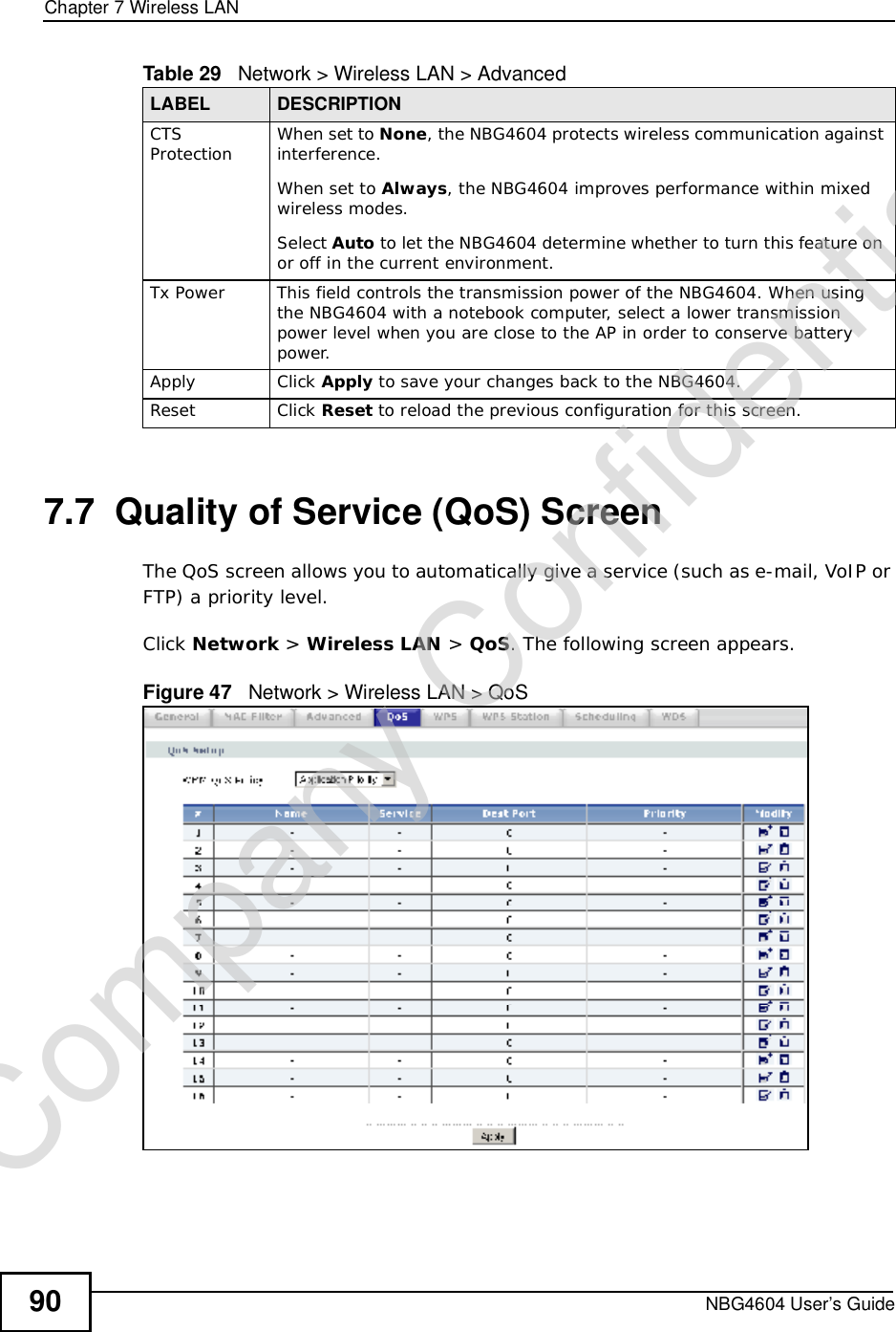 Chapter 7Wireless LANNBG4604 User’s Guide907.7  Quality of Service (QoS) ScreenThe QoS screen allows you to automatically give a service (such as e-mail, VoIP or FTP) a priority level.Click Network &gt; Wireless LAN &gt; QoS. The following screen appears.Figure 47   Network &gt; Wireless LAN &gt; QoS CTS Protection When set to None, the NBG4604 protects wireless communication against interference.When set to Always, the NBG4604 improves performance within mixed wireless modes.Select Auto to let the NBG4604 determine whether to turn this feature on or off in the current environment. Tx PowerThis field controls the transmission power of the NBG4604. When using the NBG4604 with a notebook computer, select a lower transmission power level when you are close to the AP in order to conserve battery power.Apply Click Apply to save your changes back to the NBG4604.Reset Click Reset to reload the previous configuration for this screen.Table 29   Network &gt; Wireless LAN &gt; AdvancedLABEL DESCRIPTIONCompany Confidential