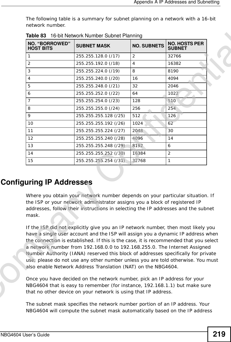  Appendix AIP Addresses and SubnettingNBG4604 User’s Guide 219The following table is a summary for subnet planning on a network with a 16-bit network number. Configuring IP AddressesWhere you obtain your network number depends on your particular situation. If the ISP or your network administrator assigns you a block of registered IP addresses, follow their instructions in selecting the IP addresses and the subnet mask.If the ISP did not explicitly give you an IP network number, then most likely you have a single user account and the ISP will assign you a dynamic IP address when the connection is established. If this is the case, it is recommended that you select a network number from 192.168.0.0 to 192.168.255.0. The Internet Assigned Number Authority (IANA) reserved this block of addresses specifically for private use; please do not use any other number unless you are told otherwise. You must also enable Network Address Translation (NAT) on the NBG4604. Once you have decided on the network number, pick an IP address for your NBG4604 that is easy to remember (for instance, 192.168.1.1) but make sure that no other device on your network is using that IP address.The subnet mask specifies the network number portion of an IP address. Your NBG4604 will compute the subnet mask automatically based on the IP address Table 83   16-bit Network Number Subnet PlanningNO. “BORROWED” HOST BITS SUBNET MASK NO. SUBNETS NO. HOSTS PER SUBNET1255.255.128.0 (/17) 2 327662 255.255.192.0 (/18) 4 163823 255.255.224.0 (/19) 8 81904255.255.240.0 (/20) 16 40945255.255.248.0 (/21) 32 20466255.255.252.0 (/22) 64 10227255.255.254.0 (/23) 128 5108 255.255.255.0 (/24) 256 2549 255.255.255.128 (/25) 512 12610 255.255.255.192 (/26) 1024 6211 255.255.255.224 (/27) 2048 3012 255.255.255.240 (/28) 4096 1413 255.255.255.248 (/29) 8192 614 255.255.255.252 (/30) 16384 215 255.255.255.254 (/31) 32768 1Company Confidential