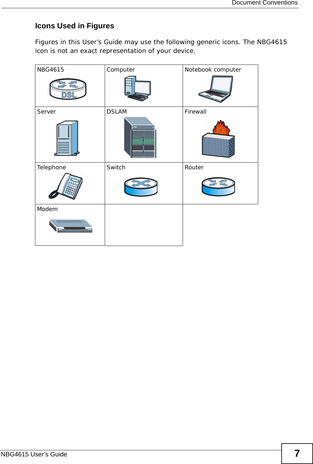  Document ConventionsNBG4615 User’s Guide 7Icons Used in FiguresFigures in this User’s Guide may use the following generic icons. The NBG4615 icon is not an exact representation of your device.NBG4615 Computer Notebook computerServer DSLAM FirewallTelephone Switch RouterModem