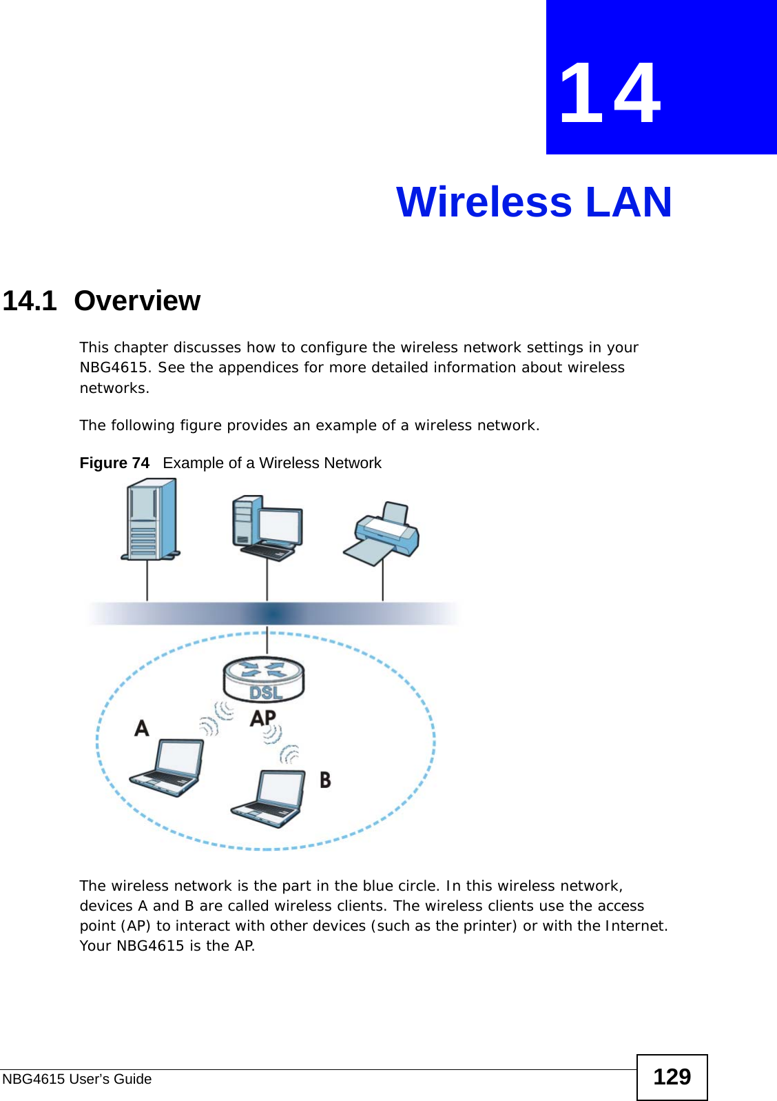 NBG4615 User’s Guide 129CHAPTER  14 Wireless LAN14.1  OverviewThis chapter discusses how to configure the wireless network settings in your NBG4615. See the appendices for more detailed information about wireless networks.The following figure provides an example of a wireless network.Figure 74   Example of a Wireless NetworkThe wireless network is the part in the blue circle. In this wireless network, devices A and B are called wireless clients. The wireless clients use the access point (AP) to interact with other devices (such as the printer) or with the Internet. Your NBG4615 is the AP.