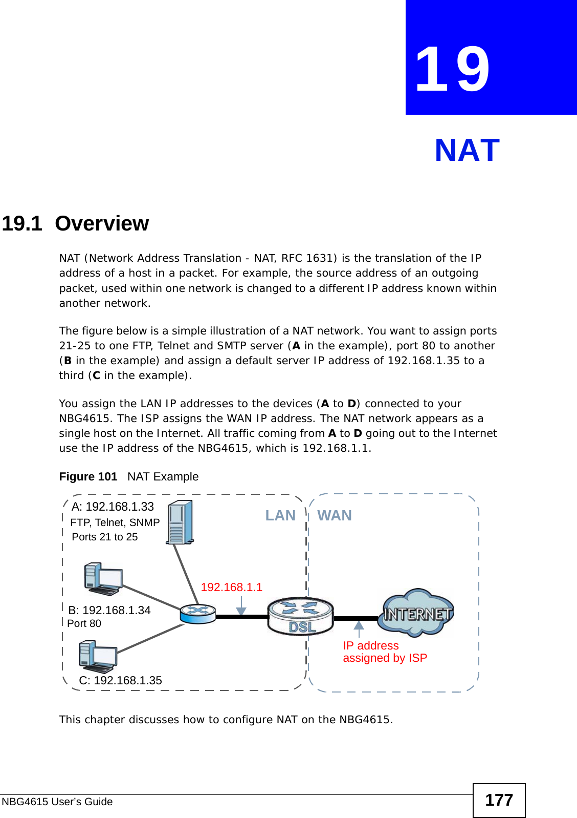 NBG4615 User’s Guide 177CHAPTER  19 NAT19.1  Overview   NAT (Network Address Translation - NAT, RFC 1631) is the translation of the IP address of a host in a packet. For example, the source address of an outgoing packet, used within one network is changed to a different IP address known within another network.The figure below is a simple illustration of a NAT network. You want to assign ports 21-25 to one FTP, Telnet and SMTP server (A in the example), port 80 to another (B in the example) and assign a default server IP address of 192.168.1.35 to a third (C in the example). You assign the LAN IP addresses to the devices (A to D) connected to your NBG4615. The ISP assigns the WAN IP address. The NAT network appears as a single host on the Internet. All traffic coming from A to D going out to the Internet use the IP address of the NBG4615, which is 192.168.1.1.Figure 101   NAT ExampleThis chapter discusses how to configure NAT on the NBG4615.A: 192.168.1.33B: 192.168.1.34C: 192.168.1.35IP address 192.168.1.1WANLANassigned by ISPFTP, Telnet, SNMPPort 80Ports 21 to 25
