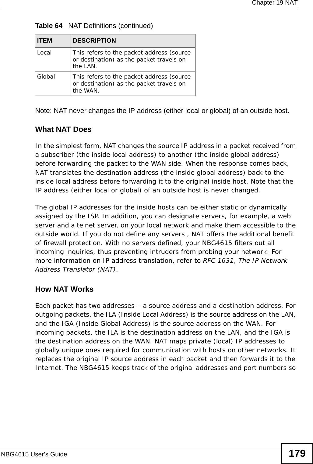  Chapter 19 NATNBG4615 User’s Guide 179Note: NAT never changes the IP address (either local or global) of an outside host.What NAT DoesIn the simplest form, NAT changes the source IP address in a packet received from a subscriber (the inside local address) to another (the inside global address) before forwarding the packet to the WAN side. When the response comes back, NAT translates the destination address (the inside global address) back to the inside local address before forwarding it to the original inside host. Note that the IP address (either local or global) of an outside host is never changed.The global IP addresses for the inside hosts can be either static or dynamically assigned by the ISP. In addition, you can designate servers, for example, a web server and a telnet server, on your local network and make them accessible to the outside world. If you do not define any servers , NAT offers the additional benefit of firewall protection. With no servers defined, your NBG4615 filters out all incoming inquiries, thus preventing intruders from probing your network. For more information on IP address translation, refer to RFC 1631, The IP Network Address Translator (NAT).How NAT WorksEach packet has two addresses – a source address and a destination address. For outgoing packets, the ILA (Inside Local Address) is the source address on the LAN, and the IGA (Inside Global Address) is the source address on the WAN. For incoming packets, the ILA is the destination address on the LAN, and the IGA is the destination address on the WAN. NAT maps private (local) IP addresses to globally unique ones required for communication with hosts on other networks. It replaces the original IP source address in each packet and then forwards it to the Internet. The NBG4615 keeps track of the original addresses and port numbers so Local This refers to the packet address (source or destination) as the packet travels on the LAN.Global This refers to the packet address (source or destination) as the packet travels on the WAN.Table 64   NAT Definitions (continued)ITEM DESCRIPTION