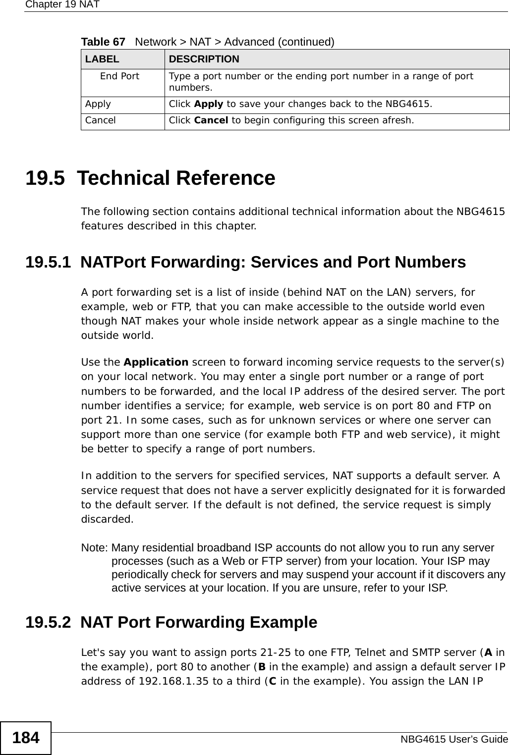 Chapter 19 NATNBG4615 User’s Guide18419.5  Technical ReferenceThe following section contains additional technical information about the NBG4615 features described in this chapter.19.5.1  NATPort Forwarding: Services and Port NumbersA port forwarding set is a list of inside (behind NAT on the LAN) servers, for example, web or FTP, that you can make accessible to the outside world even though NAT makes your whole inside network appear as a single machine to the outside world. Use the Application screen to forward incoming service requests to the server(s) on your local network. You may enter a single port number or a range of port numbers to be forwarded, and the local IP address of the desired server. The port number identifies a service; for example, web service is on port 80 and FTP on port 21. In some cases, such as for unknown services or where one server can support more than one service (for example both FTP and web service), it might be better to specify a range of port numbers.In addition to the servers for specified services, NAT supports a default server. A service request that does not have a server explicitly designated for it is forwarded to the default server. If the default is not defined, the service request is simply discarded.Note: Many residential broadband ISP accounts do not allow you to run any server processes (such as a Web or FTP server) from your location. Your ISP may periodically check for servers and may suspend your account if it discovers any active services at your location. If you are unsure, refer to your ISP.19.5.2  NAT Port Forwarding ExampleLet&apos;s say you want to assign ports 21-25 to one FTP, Telnet and SMTP server (A in the example), port 80 to another (B in the example) and assign a default server IP address of 192.168.1.35 to a third (C in the example). You assign the LAN IP End Port Type a port number or the ending port number in a range of port numbers.Apply Click Apply to save your changes back to the NBG4615.Cancel Click Cancel to begin configuring this screen afresh.Table 67   Network &gt; NAT &gt; Advanced (continued)LABEL DESCRIPTION