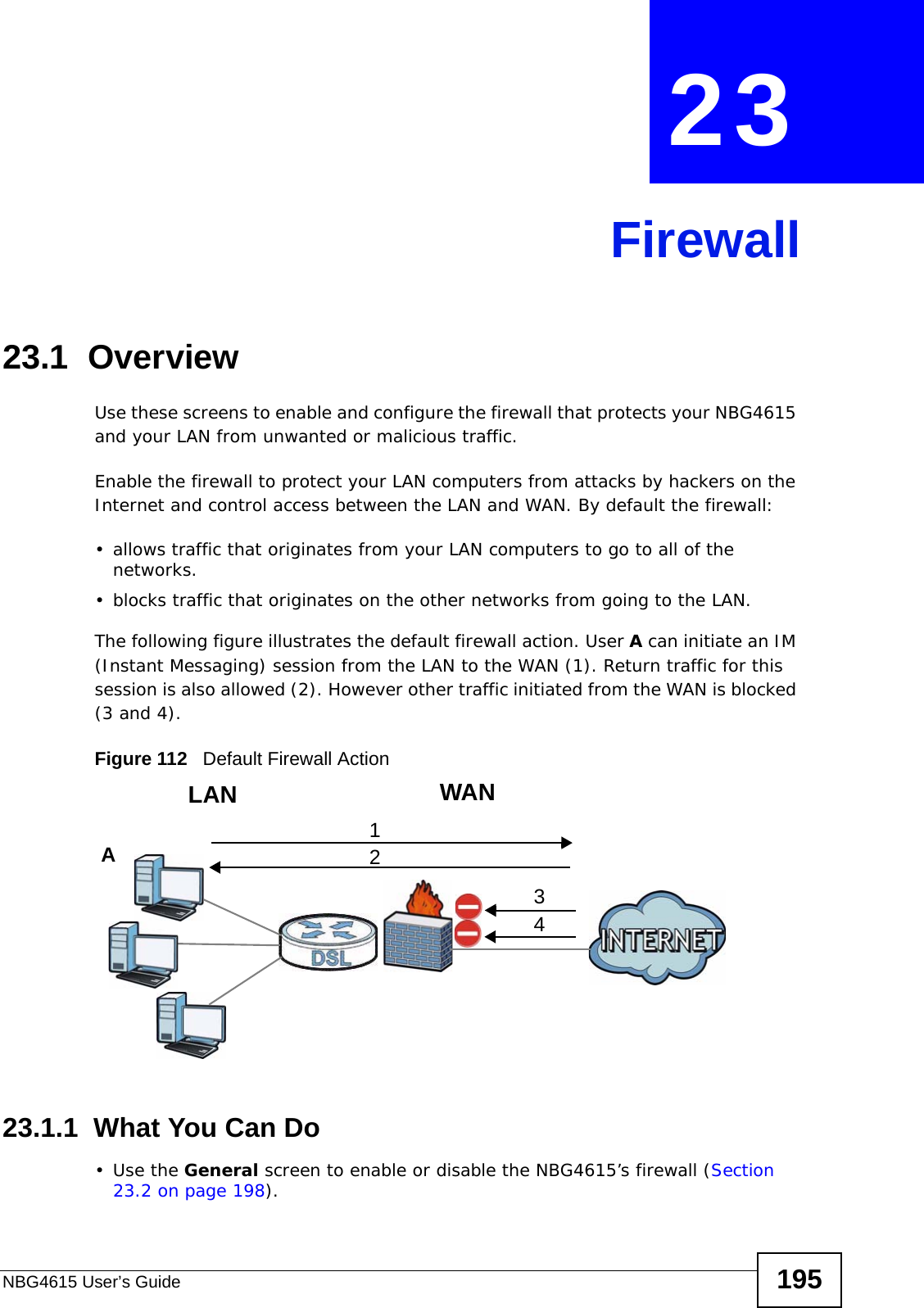 NBG4615 User’s Guide 195CHAPTER  23  Firewall23.1  Overview   Use these screens to enable and configure the firewall that protects your NBG4615 and your LAN from unwanted or malicious traffic.Enable the firewall to protect your LAN computers from attacks by hackers on the Internet and control access between the LAN and WAN. By default the firewall:• allows traffic that originates from your LAN computers to go to all of the networks. • blocks traffic that originates on the other networks from going to the LAN. The following figure illustrates the default firewall action. User A can initiate an IM (Instant Messaging) session from the LAN to the WAN (1). Return traffic for this session is also allowed (2). However other traffic initiated from the WAN is blocked (3 and 4).Figure 112   Default Firewall Action23.1.1  What You Can Do•Use the General screen to enable or disable the NBG4615’s firewall (Section 23.2 on page 198).WANLAN3412A