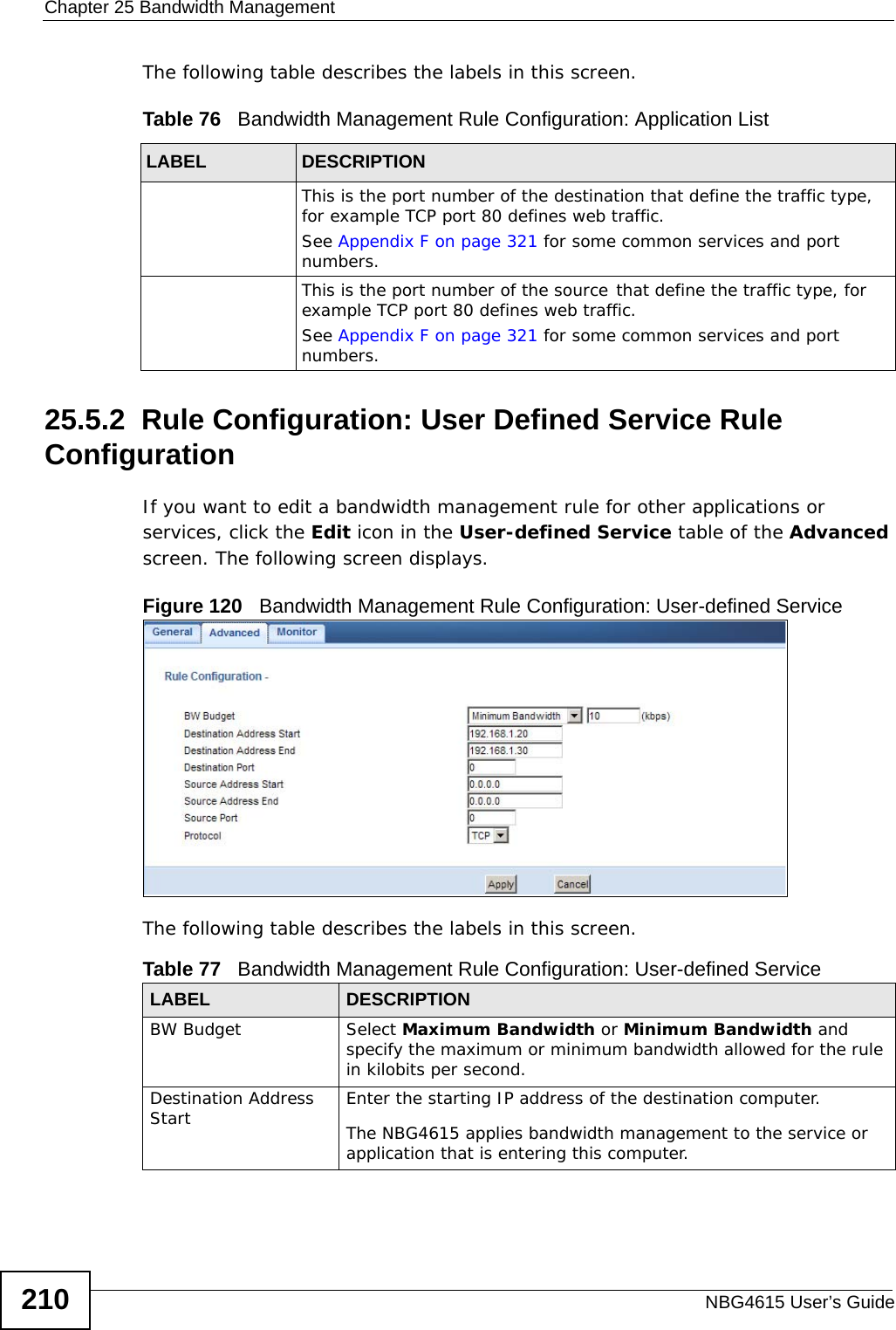Chapter 25 Bandwidth ManagementNBG4615 User’s Guide210The following table describes the labels in this screen.25.5.2  Rule Configuration: User Defined Service Rule Configuration    If you want to edit a bandwidth management rule for other applications or services, click the Edit icon in the User-defined Service table of the Advanced screen. The following screen displays.Figure 120   Bandwidth Management Rule Configuration: User-defined Service The following table describes the labels in this screen.Table 76   Bandwidth Management Rule Configuration: Application ListLABEL DESCRIPTIONThis is the port number of the destination that define the traffic type, for example TCP port 80 defines web traffic.See Appendix F on page 321 for some common services and port numbers.This is the port number of the source that define the traffic type, for example TCP port 80 defines web traffic.See Appendix F on page 321 for some common services and port numbers.Table 77   Bandwidth Management Rule Configuration: User-defined ServiceLABEL DESCRIPTIONBW Budget Select Maximum Bandwidth or Minimum Bandwidth and specify the maximum or minimum bandwidth allowed for the rule in kilobits per second. Destination Address Start Enter the starting IP address of the destination computer.The NBG4615 applies bandwidth management to the service or application that is entering this computer. 