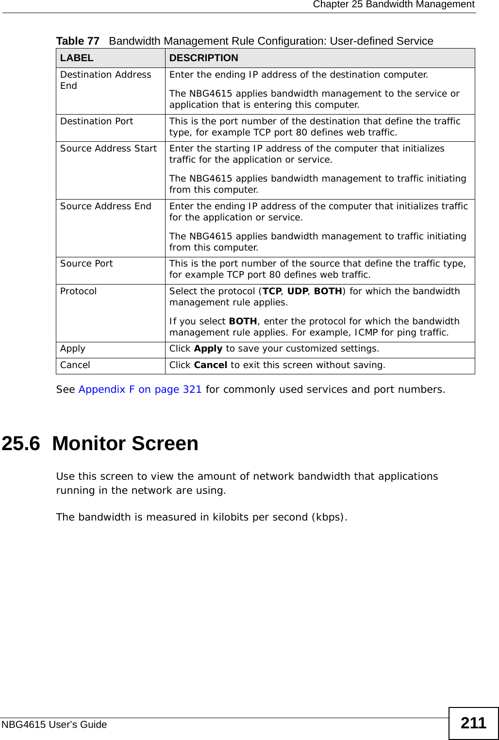  Chapter 25 Bandwidth ManagementNBG4615 User’s Guide 211See Appendix F on page 321 for commonly used services and port numbers.25.6  Monitor ScreenUse this screen to view the amount of network bandwidth that applications running in the network are using.The bandwidth is measured in kilobits per second (kbps). Destination Address End Enter the ending IP address of the destination computer.The NBG4615 applies bandwidth management to the service or application that is entering this computer. Destination Port This is the port number of the destination that define the traffic type, for example TCP port 80 defines web traffic.Source Address Start Enter the starting IP address of the computer that initializes traffic for the application or service. The NBG4615 applies bandwidth management to traffic initiating from this computer. Source Address End Enter the ending IP address of the computer that initializes traffic for the application or service. The NBG4615 applies bandwidth management to traffic initiating from this computer. Source Port This is the port number of the source that define the traffic type, for example TCP port 80 defines web traffic.Protocol Select the protocol (TCP, UDP, BOTH) for which the bandwidth management rule applies. If you select BOTH, enter the protocol for which the bandwidth management rule applies. For example, ICMP for ping traffic.Apply Click Apply to save your customized settings.Cancel Click Cancel to exit this screen without saving.Table 77   Bandwidth Management Rule Configuration: User-defined Service LABEL DESCRIPTION