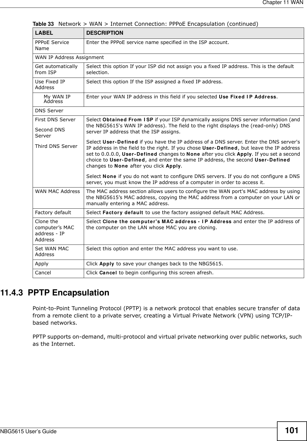  Chapter 11 WANNBG5615 User’s Guide 10111.4.3  PPTP EncapsulationPoint-to-Point Tunneling Protocol (PPTP) is a network protocol that enables secure transfer of data from a remote client to a private server, creating a Virtual Private Network (VPN) using TCP/IP-based networks.PPTP supports on-demand, multi-protocol and virtual private networking over public networks, such as the Internet.PPPoE Service Name Enter the PPPoE service name specified in the ISP account.WAN IP Address Assignment Get automatically from ISP Select this option If your ISP did not assign you a fixed IP address. This is the default selection. Use Fixed IP AddressSelect this option If the ISP assigned a fixed IP address. My WAN IP Address Enter your WAN IP address in this field if you selected Use Fixed I P Address. DNS ServerFirst DNS ServerSecond DNS ServerThird DNS Server Select Obtained From  I SP if your ISP dynamically assigns DNS server information (and the NBG5615&apos;s WAN IP address). The field to the right displays the (read-only) DNS server IP address that the ISP assigns. Select User-Defined if you have the IP address of a DNS server. Enter the DNS server&apos;s IP address in the field to the right. If you chose User-Defined, but leave the IP address set to 0.0.0.0, User- Defined changes to None after you click Apply. If you set a second choice to User-Defined, and enter the same IP address, the second User-Defined changes to None after you click Apply. Select None if you do not want to configure DNS servers. If you do not configure a DNS server, you must know the IP address of a computer in order to access it.WAN MAC Address The MAC address section allows users to configure the WAN port&apos;s MAC address by using the NBG5615’s MAC address, copying the MAC address from a computer on your LAN or manually entering a MAC address. Factory default Select Factory default to use the factory assigned default MAC Address.Clone the computer’s MAC address - IP AddressSelect Clone the com puter&apos;s MAC address -  I P Address and enter the IP address of the computer on the LAN whose MAC you are cloning.Set WAN MAC AddressSelect this option and enter the MAC address you want to use.Apply Click Apply to save your changes back to the NBG5615.Cancel Click Cancel to begin configuring this screen afresh.Table 33   Network &gt; WAN &gt; Internet Connection: PPPoE Encapsulation (continued)LABEL DESCRIPTION