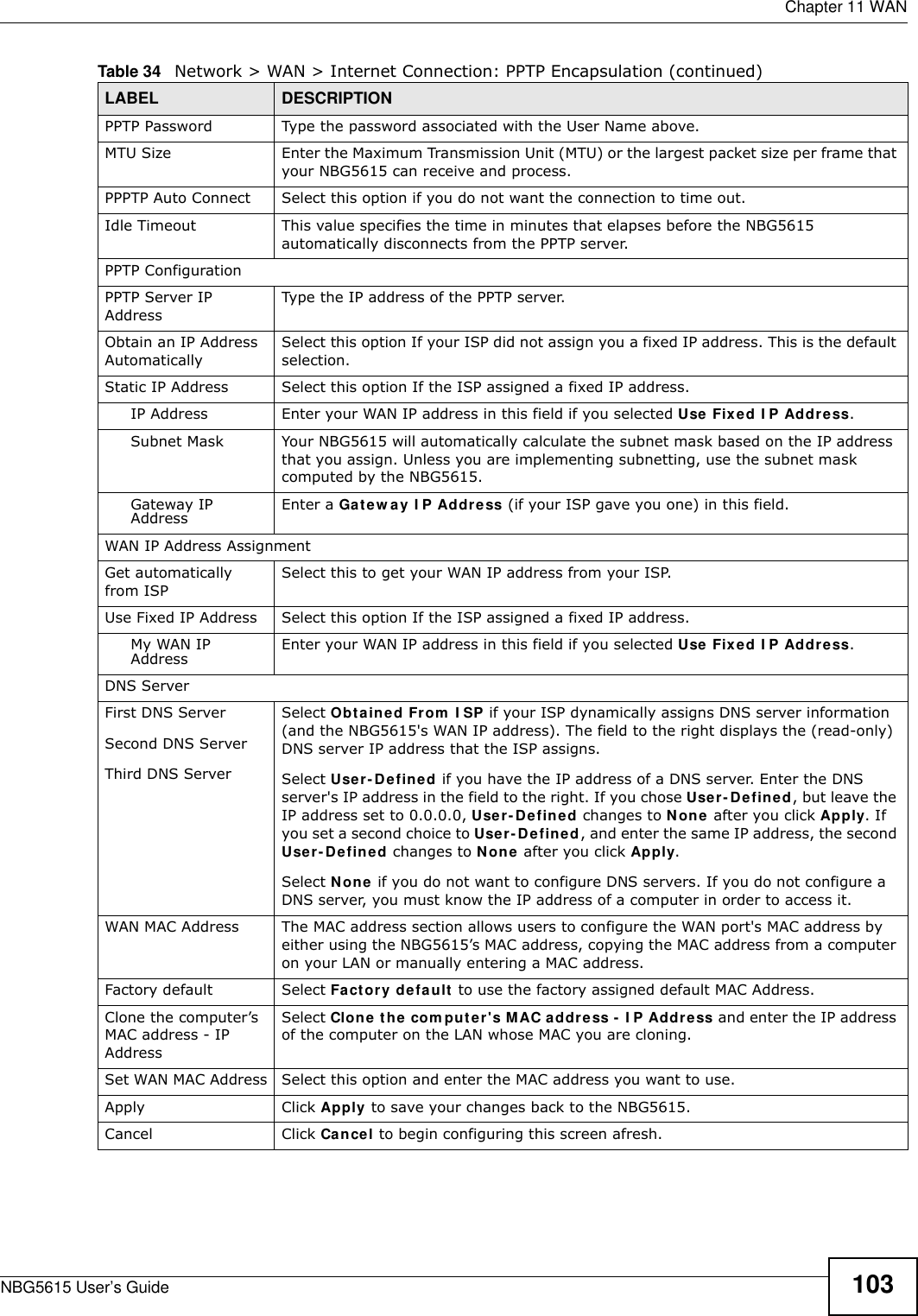  Chapter 11 WANNBG5615 User’s Guide 103PPTP Password Type the password associated with the User Name above.MTU Size Enter the Maximum Transmission Unit (MTU) or the largest packet size per frame that your NBG5615 can receive and process.PPPTP Auto Connect Select this option if you do not want the connection to time out.Idle Timeout This value specifies the time in minutes that elapses before the NBG5615 automatically disconnects from the PPTP server.PPTP Configuration PPTP Server IP AddressType the IP address of the PPTP server.Obtain an IP Address AutomaticallySelect this option If your ISP did not assign you a fixed IP address. This is the default selection. Static IP Address  Select this option If the ISP assigned a fixed IP address. IP Address Enter your WAN IP address in this field if you selected Use Fixed I P Address. Subnet Mask Your NBG5615 will automatically calculate the subnet mask based on the IP address that you assign. Unless you are implementing subnetting, use the subnet mask computed by the NBG5615.Gateway IP Address Enter a Gatew ay I P Address (if your ISP gave you one) in this field.WAN IP Address Assignment Get automatically from ISP Select this to get your WAN IP address from your ISP.Use Fixed IP Address Select this option If the ISP assigned a fixed IP address. My WAN IP Address Enter your WAN IP address in this field if you selected Use Fixed I P Address. DNS ServerFirst DNS ServerSecond DNS ServerThird DNS Server Select Obtained From  I SP if your ISP dynamically assigns DNS server information (and the NBG5615&apos;s WAN IP address). The field to the right displays the (read-only) DNS server IP address that the ISP assigns. Select User- Defined if you have the IP address of a DNS server. Enter the DNS server&apos;s IP address in the field to the right. If you chose User-Defined, but leave the IP address set to 0.0.0.0, User-Defined changes to None after you click Apply. If you set a second choice to User-Defined, and enter the same IP address, the second User-Defined changes to None after you click Apply. Select None if you do not want to configure DNS servers. If you do not configure a DNS server, you must know the IP address of a computer in order to access it.WAN MAC Address The MAC address section allows users to configure the WAN port&apos;s MAC address by either using the NBG5615’s MAC address, copying the MAC address from a computer on your LAN or manually entering a MAC address. Factory default Select Factory default to use the factory assigned default MAC Address.Clone the computer’s MAC address - IP AddressSelect Clone the com puter&apos;s MAC address -  I P Address and enter the IP address of the computer on the LAN whose MAC you are cloning.Set WAN MAC Address Select this option and enter the MAC address you want to use.Apply Click Apply to save your changes back to the NBG5615.Cancel Click Cancel to begin configuring this screen afresh.Table 34   Network &gt; WAN &gt; Internet Connection: PPTP Encapsulation (continued)LABEL DESCRIPTION