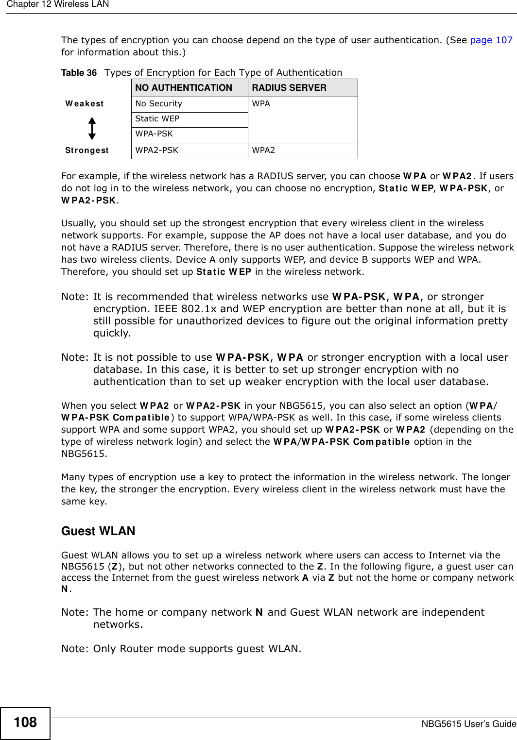 Chapter 12 Wireless LANNBG5615 User’s Guide108The types of encryption you can choose depend on the type of user authentication. (See page 107 for information about this.)For example, if the wireless network has a RADIUS server, you can choose W PA or W PA2 . If users do not log in to the wireless network, you can choose no encryption, Static W EP, W PA- PSK, or W PA2 -PSK.Usually, you should set up the strongest encryption that every wireless client in the wireless network supports. For example, suppose the AP does not have a local user database, and you do not have a RADIUS server. Therefore, there is no user authentication. Suppose the wireless network has two wireless clients. Device A only supports WEP, and device B supports WEP and WPA. Therefore, you should set up Static W EP in the wireless network.Note: It is recommended that wireless networks use W PA- PSK, W PA, or stronger encryption. IEEE 802.1x and WEP encryption are better than none at all, but it is still possible for unauthorized devices to figure out the original information pretty quickly.Note: It is not possible to use W PA- PSK, W PA or stronger encryption with a local user database. In this case, it is better to set up stronger encryption with no authentication than to set up weaker encryption with the local user database.When you select W PA2  or W PA2 -PSK in your NBG5615, you can also select an option (W PA/W PA-PSK Com patible) to support WPA/WPA-PSK as well. In this case, if some wireless clients support WPA and some support WPA2, you should set up W PA2 -PSK or W PA2 (depending on the type of wireless network login) and select the W PA/W PA-PSK Com patible option in the NBG5615.Many types of encryption use a key to protect the information in the wireless network. The longer the key, the stronger the encryption. Every wireless client in the wireless network must have the same key.Guest WLANGuest WLAN allows you to set up a wireless network where users can access to Internet via the NBG5615 (Z), but not other networks connected to the Z. In the following figure, a guest user can access the Internet from the guest wireless network A via Z but not the home or company network N.Note: The home or company network N and Guest WLAN network are independent networks.Note: Only Router mode supports guest WLAN. Table 36   Types of Encryption for Each Type of AuthenticationNO AUTHENTICATION RADIUS SERVERW eakest No Security WPAStatic WEPWPA-PSKStrongest WPA2-PSK WPA2