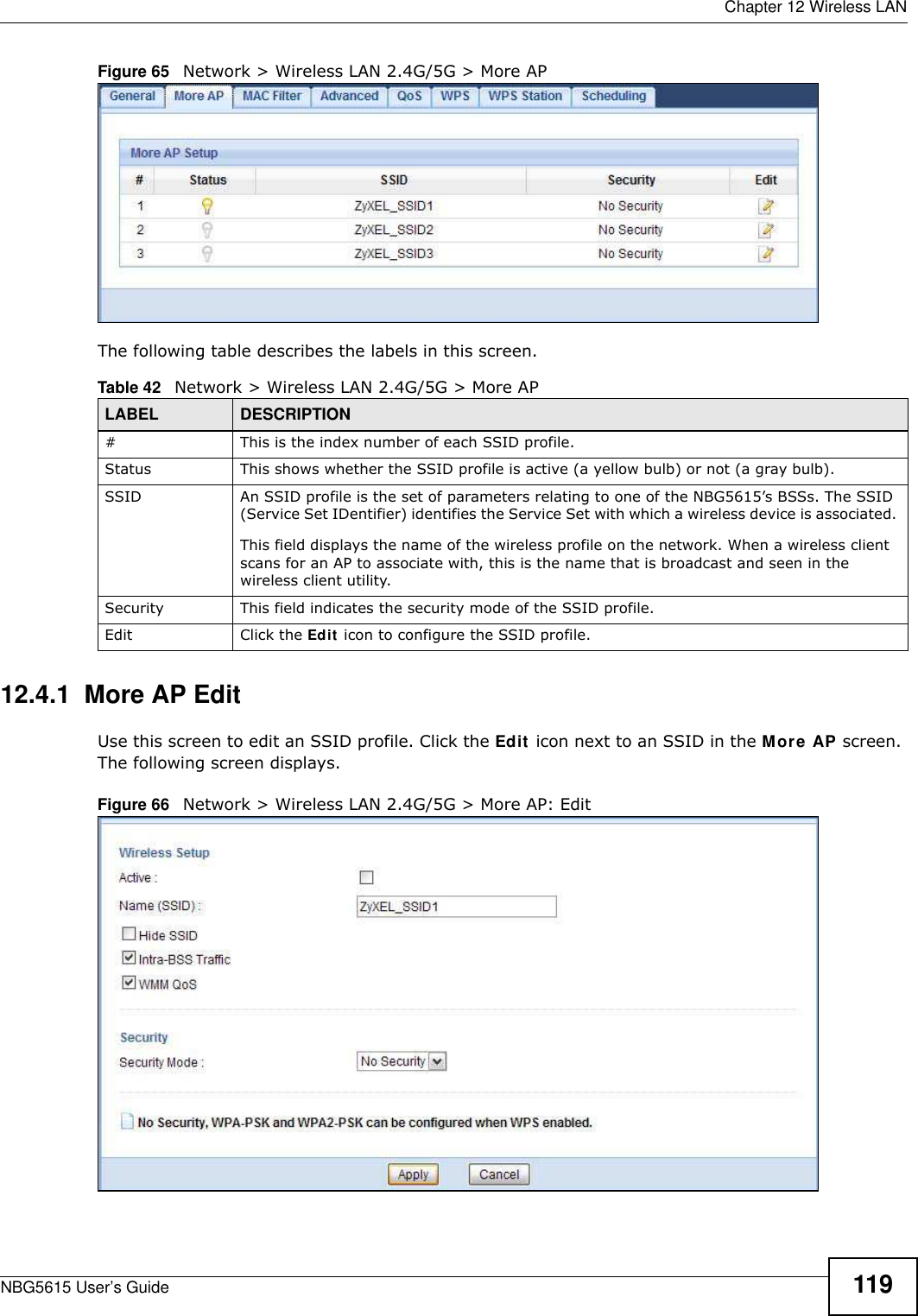  Chapter 12 Wireless LANNBG5615 User’s Guide 119Figure 65   Network &gt; Wireless LAN 2.4G/5G &gt; More AP The following table describes the labels in this screen.12.4.1  More AP EditUse this screen to edit an SSID profile. Click the Edit icon next to an SSID in the More AP screen. The following screen displays.Figure 66   Network &gt; Wireless LAN 2.4G/5G &gt; More AP: Edit Table 42   Network &gt; Wireless LAN 2.4G/5G &gt; More APLABEL DESCRIPTION#This is the index number of each SSID profile. Status This shows whether the SSID profile is active (a yellow bulb) or not (a gray bulb).SSID An SSID profile is the set of parameters relating to one of the NBG5615’s BSSs. The SSID (Service Set IDentifier) identifies the Service Set with which a wireless device is associated. This field displays the name of the wireless profile on the network. When a wireless client scans for an AP to associate with, this is the name that is broadcast and seen in the wireless client utility.Security This field indicates the security mode of the SSID profile.Edit Click the Edit icon to configure the SSID profile.