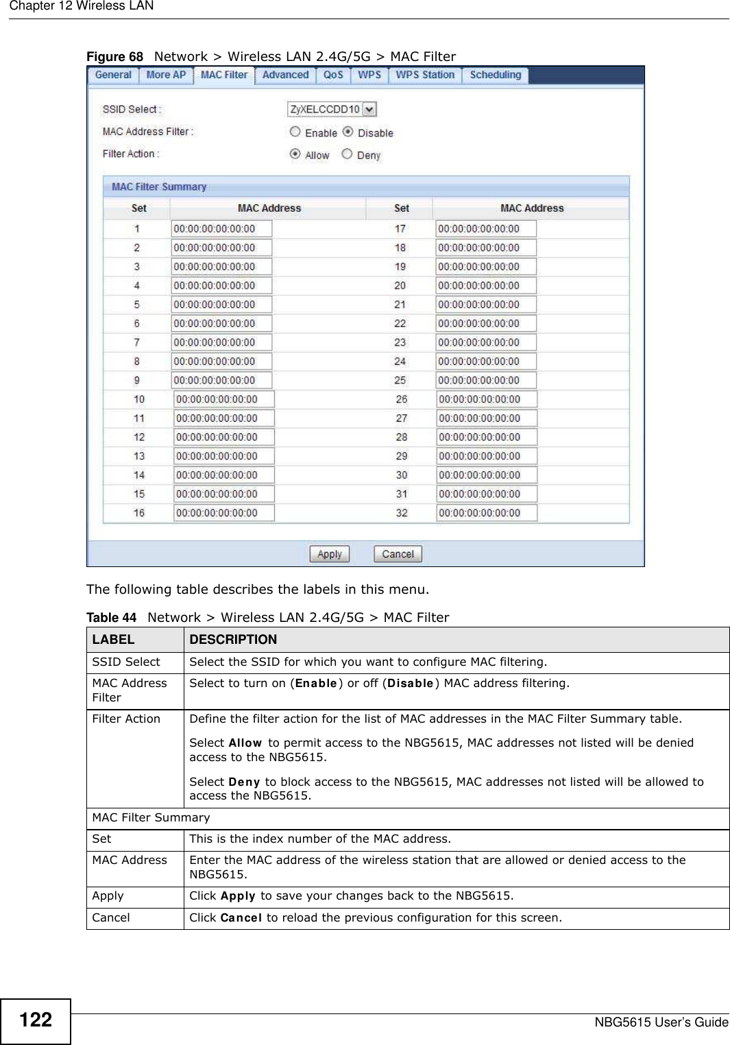 Chapter 12 Wireless LANNBG5615 User’s Guide122Figure 68   Network &gt; Wireless LAN 2.4G/5G &gt; MAC FilterThe following table describes the labels in this menu.Table 44   Network &gt; Wireless LAN 2.4G/5G &gt; MAC FilterLABEL DESCRIPTIONSSID Select Select the SSID for which you want to configure MAC filtering.MAC Address FilterSelect to turn on (Enable) or off (Disable) MAC address filtering.Filter Action Define the filter action for the list of MAC addresses in the MAC Filter Summary table.Select Allow  to permit access to the NBG5615, MAC addresses not listed will be denied access to the NBG5615. Select Deny to block access to the NBG5615, MAC addresses not listed will be allowed to access the NBG5615. MAC Filter SummarySet This is the index number of the MAC address.MAC Address Enter the MAC address of the wireless station that are allowed or denied access to the NBG5615.Apply Click Apply to save your changes back to the NBG5615.Cancel Click Cancel to reload the previous configuration for this screen.