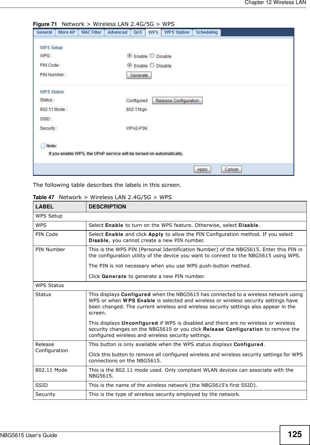  Chapter 12 Wireless LANNBG5615 User’s Guide 125Figure 71   Network &gt; Wireless LAN 2.4G/5G &gt; WPSThe following table describes the labels in this screen.Table 47   Network &gt; Wireless LAN 2.4G/5G &gt; WPSLABEL DESCRIPTIONWPS SetupWPS Select Enable to turn on the WPS feature. Otherwise, select Disable.PIN Code Select Enable and click Apply to allow the PIN Configuration method. If you select Disable, you cannot create a new PIN number.PIN Number This is the WPS PIN (Personal Identification Number) of the NBG5615. Enter this PIN in the configuration utility of the device you want to connect to the NBG5615 using WPS.The PIN is not necessary when you use WPS push-button method.Click Generate to generate a new PIN number.WPS StatusStatus This displays Configured when the NBG5615 has connected to a wireless network using WPS or when W PS Enable is selected and wireless or wireless security settings have been changed. The current wireless and wireless security settings also appear in the screen.This displays Unconfigured if WPS is disabled and there are no wireless or wireless security changes on the NBG5615 or you click Release Configuration to remove the configured wireless and wireless security settings.Release ConfigurationThis button is only available when the WPS status displays Configured.Click this button to remove all configured wireless and wireless security settings for WPS connections on the NBG5615.802.11 Mode This is the 802.11 mode used. Only compliant WLAN devices can associate with the NBG5615.SSID This is the name of the wireless network (the NBG5615’s first SSID).Security This is the type of wireless security employed by the network.