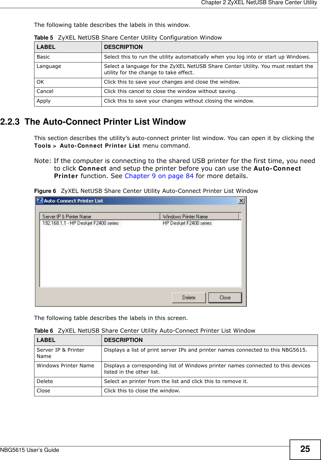  Chapter 2 ZyXEL NetUSB Share Center UtilityNBG5615 User’s Guide 25The following table describes the labels in this window.2.2.3  The Auto-Connect Printer List WindowThis section describes the utility’s auto-connect printer list window. You can open it by clicking the Tools &gt;  Auto- Connect Printer List menu command.Note: If the computer is connecting to the shared USB printer for the first time, you need to click Connect and setup the printer before you can use the Auto-Connect Printer function. See Chapter 9 on page 84 for more details. Figure 6   ZyXEL NetUSB Share Center Utility Auto-Connect Printer List WindowThe following table describes the labels in this screen.Table 5   ZyXEL NetUSB Share Center Utility Configuration WindowLABEL  DESCRIPTIONBasic Select this to run the utility automatically when you log into or start up Windows.Language Select a language for the ZyXEL NetUSB Share Center Utility. You must restart the utility for the change to take effect.OK Click this to save your changes and close the window.Cancel Click this cancel to close the window without saving.Apply Click this to save your changes without closing the window.Table 6   ZyXEL NetUSB Share Center Utility Auto-Connect Printer List WindowLABEL  DESCRIPTIONServer IP &amp; Printer NameDisplays a list of print server IPs and printer names connected to this NBG5615.Windows Printer Name Displays a corresponding list of Windows printer names connected to this devices listed in the other list.Delete Select an printer from the list and click this to remove it.Close Click this to close the window.