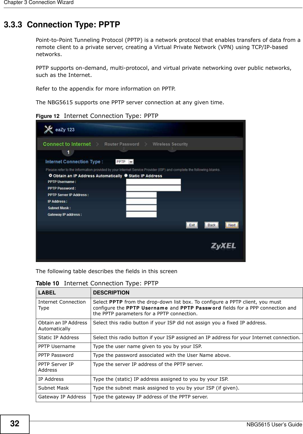 Chapter 3 Connection WizardNBG5615 User’s Guide323.3.3  Connection Type: PPTPPoint-to-Point Tunneling Protocol (PPTP) is a network protocol that enables transfers of data from a remote client to a private server, creating a Virtual Private Network (VPN) using TCP/IP-based networks.PPTP supports on-demand, multi-protocol, and virtual private networking over public networks, such as the Internet.Refer to the appendix for more information on PPTP.The NBG5615 supports one PPTP server connection at any given time.Figure 12   Internet Connection Type: PPTP The following table describes the fields in this screenTable 10   Internet Connection Type: PPTPLABEL DESCRIPTIONInternet Connection TypeSelect PPTP from the drop-down list box. To configure a PPTP client, you must configure the PPTP Usernam e and PPTP Passw ord fields for a PPP connection and the PPTP parameters for a PPTP connection.Obtain an IP Address AutomaticallySelect this radio button if your ISP did not assign you a fixed IP address.Static IP Address Select this radio button if your ISP assigned an IP address for your Internet connection.PPTP Username Type the user name given to you by your ISP. PPTP Password Type the password associated with the User Name above.PPTP Server IP AddressType the server IP address of the PPTP server.IP Address Type the (static) IP address assigned to you by your ISP.Subnet Mask Type the subnet mask assigned to you by your ISP (if given).Gateway IP Address Type the gateway IP address of the PPTP server.